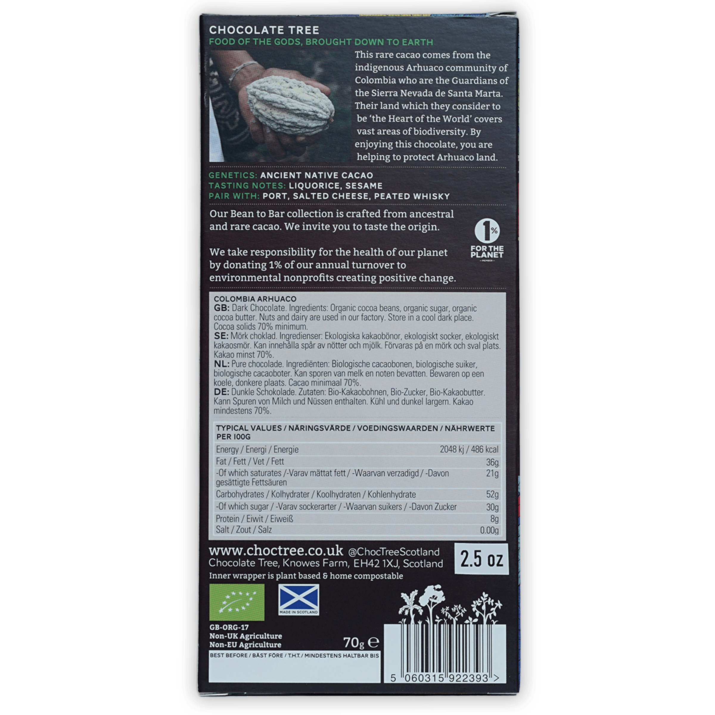 Chocolate Tree Dark Colombia Arhuaco 70% bar in dark green black pack with cacao pods