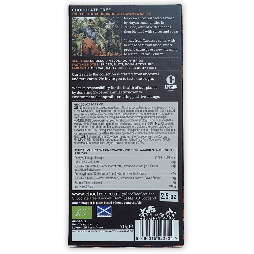 Back of Chocolate Tree Dark Mexico Aztec Spice 70% bar with Mexican cacao label