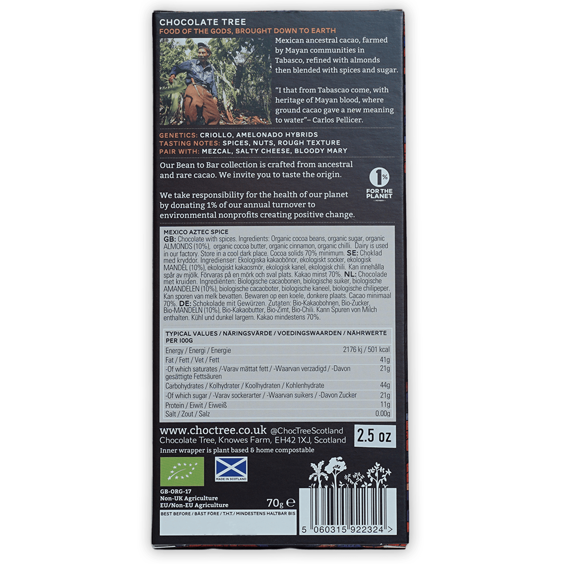 Back of Chocolate Tree Dark Mexico Aztec Spice 70% bar with Mexican cacao label