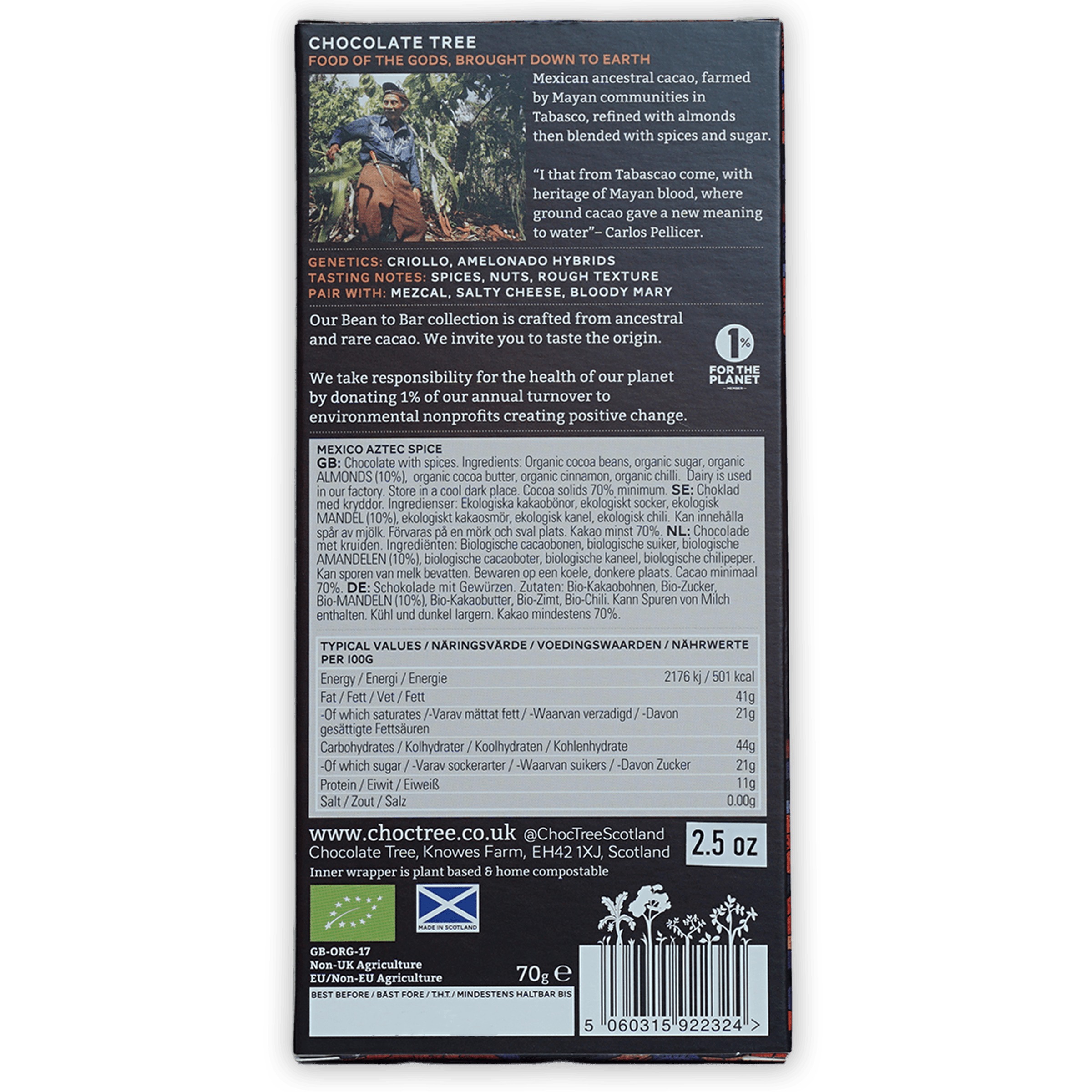 Back of Chocolate Tree Dark Mexico Aztec Spice 70% bar with Mexican cacao label