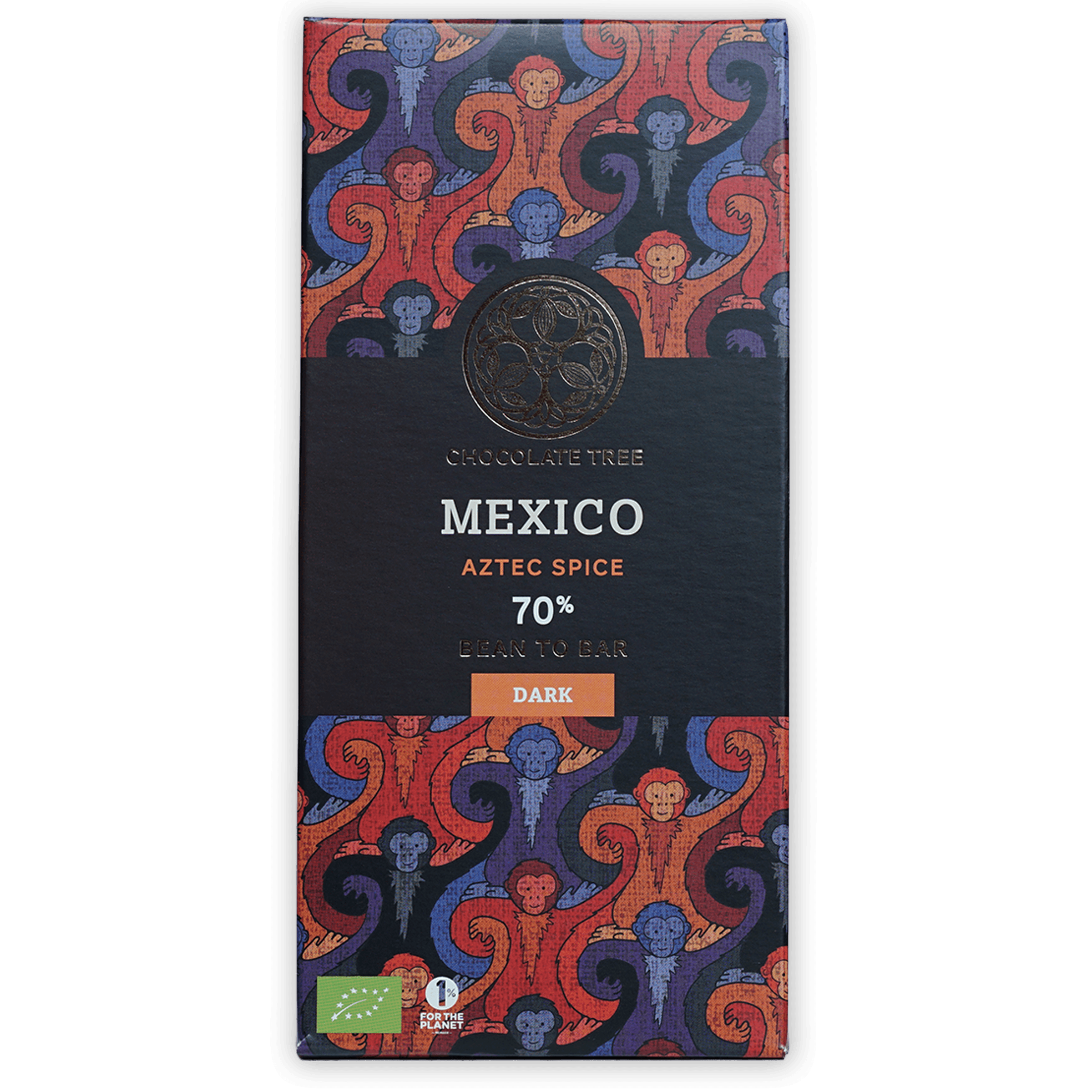 Chocolate Tree Dark Mexico Aztec Spice 70% bar wrapper with Aztec monkey pattern