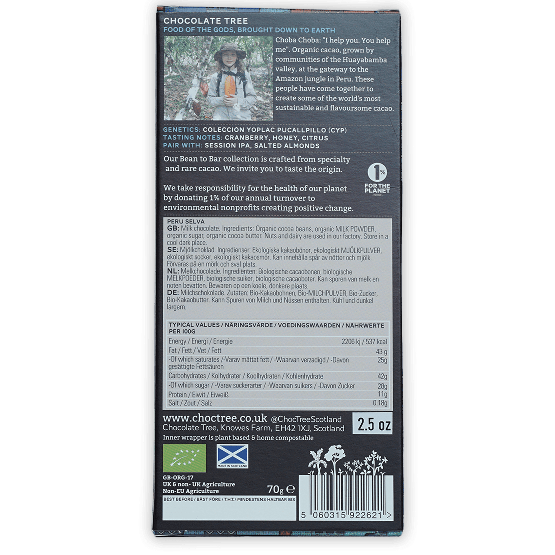 Chocolate Tree Dark Milk Peru Selva 60% organic cacao bar with matte packaging