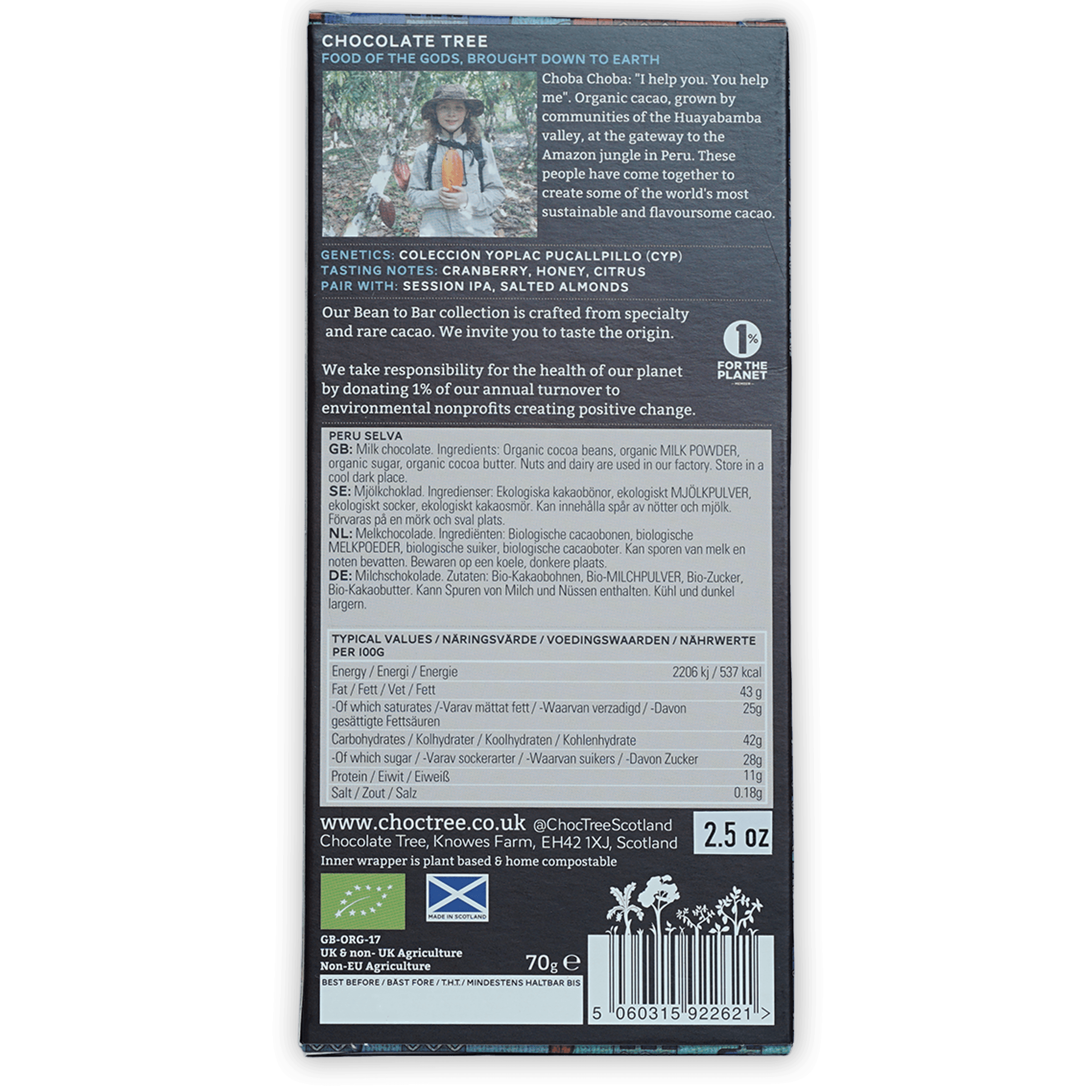 Chocolate Tree Dark Milk Peru Selva 60% organic cacao bar with matte packaging