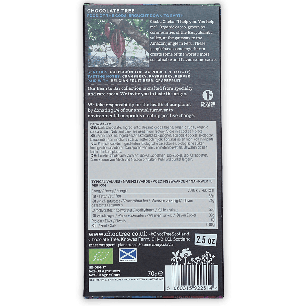 Chocolate Tree Dark Peru Selva 70% bar in matte black wrapper