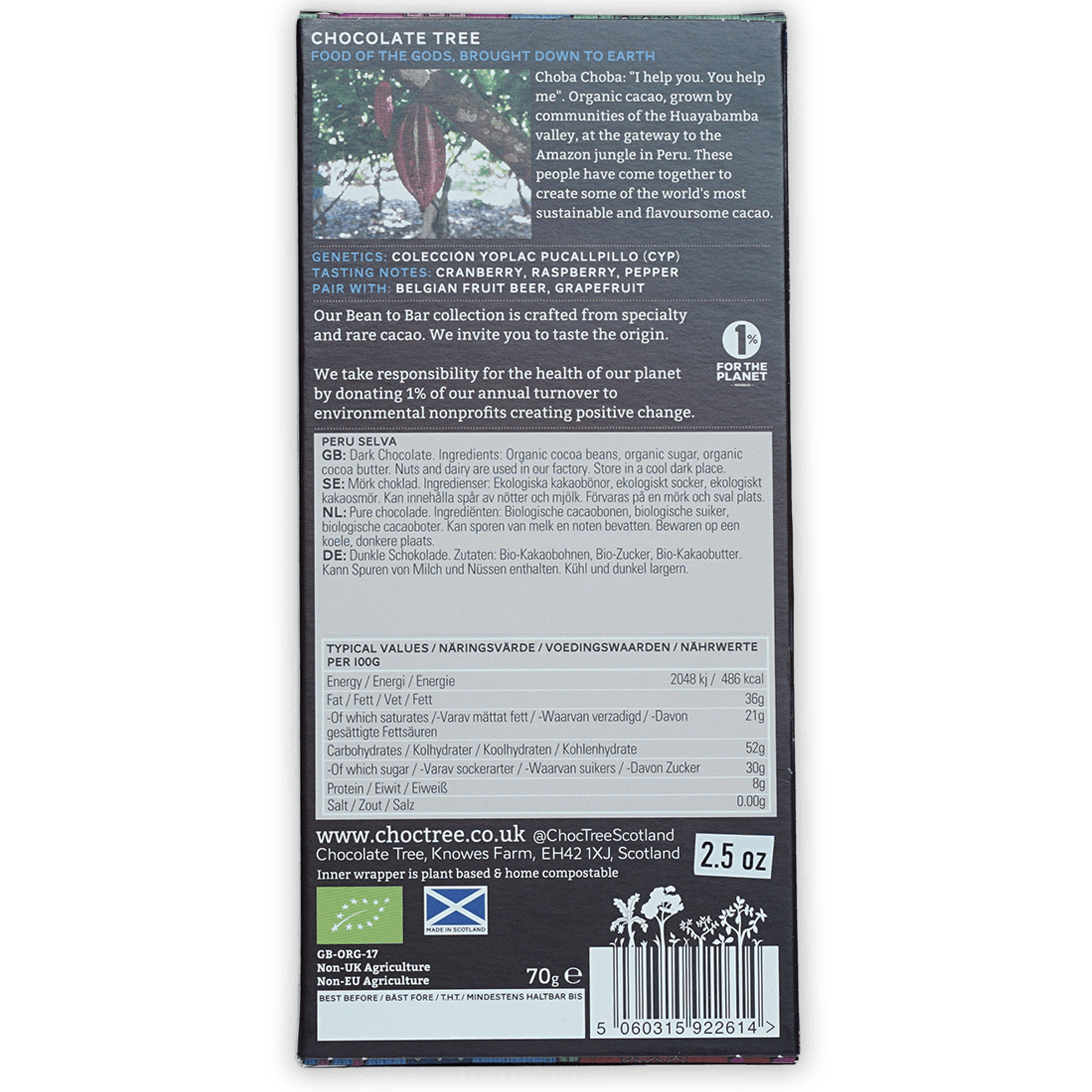 Chocolate Tree Dark Peru Selva 70% bar in matte black wrapper