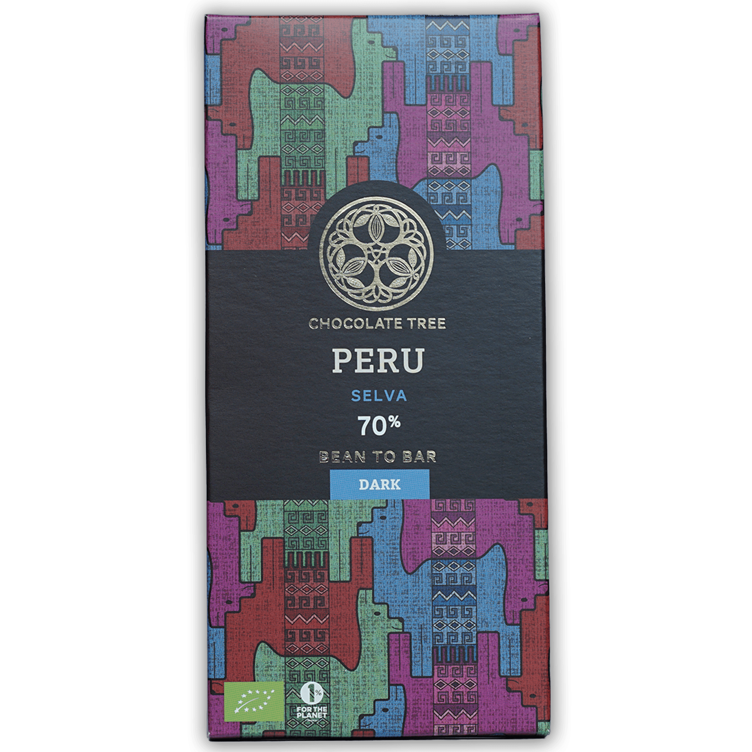 Chocolate Tree Dark Peru Selva 70% bar in colorful geometric wrapper