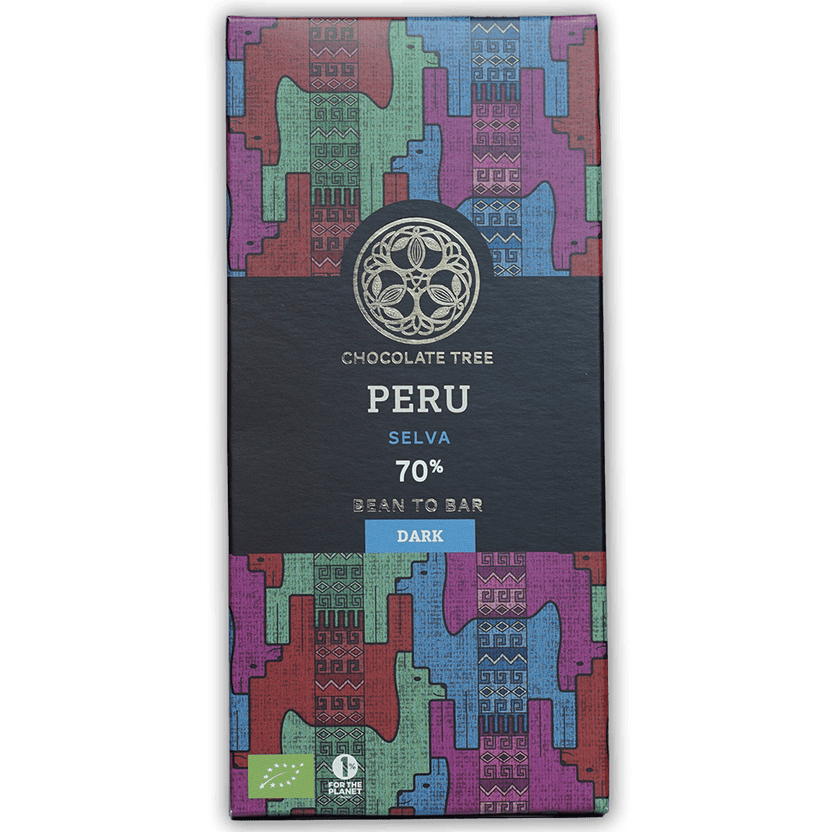 Chocolate Tree Dark Peru Selva 70% bar in colorful geometric wrapper
