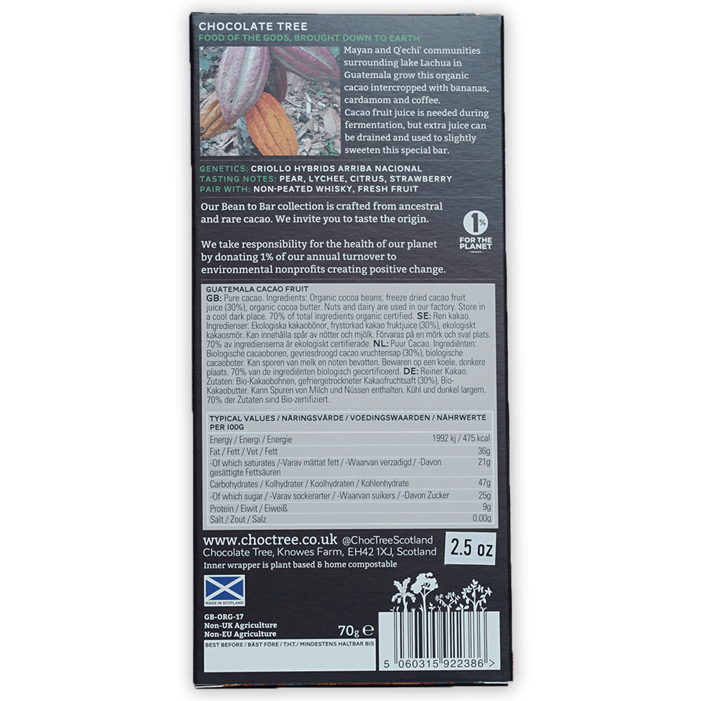 Chocolate Tree Dark with Cacao Fruit 100% bar in sleek black packaging