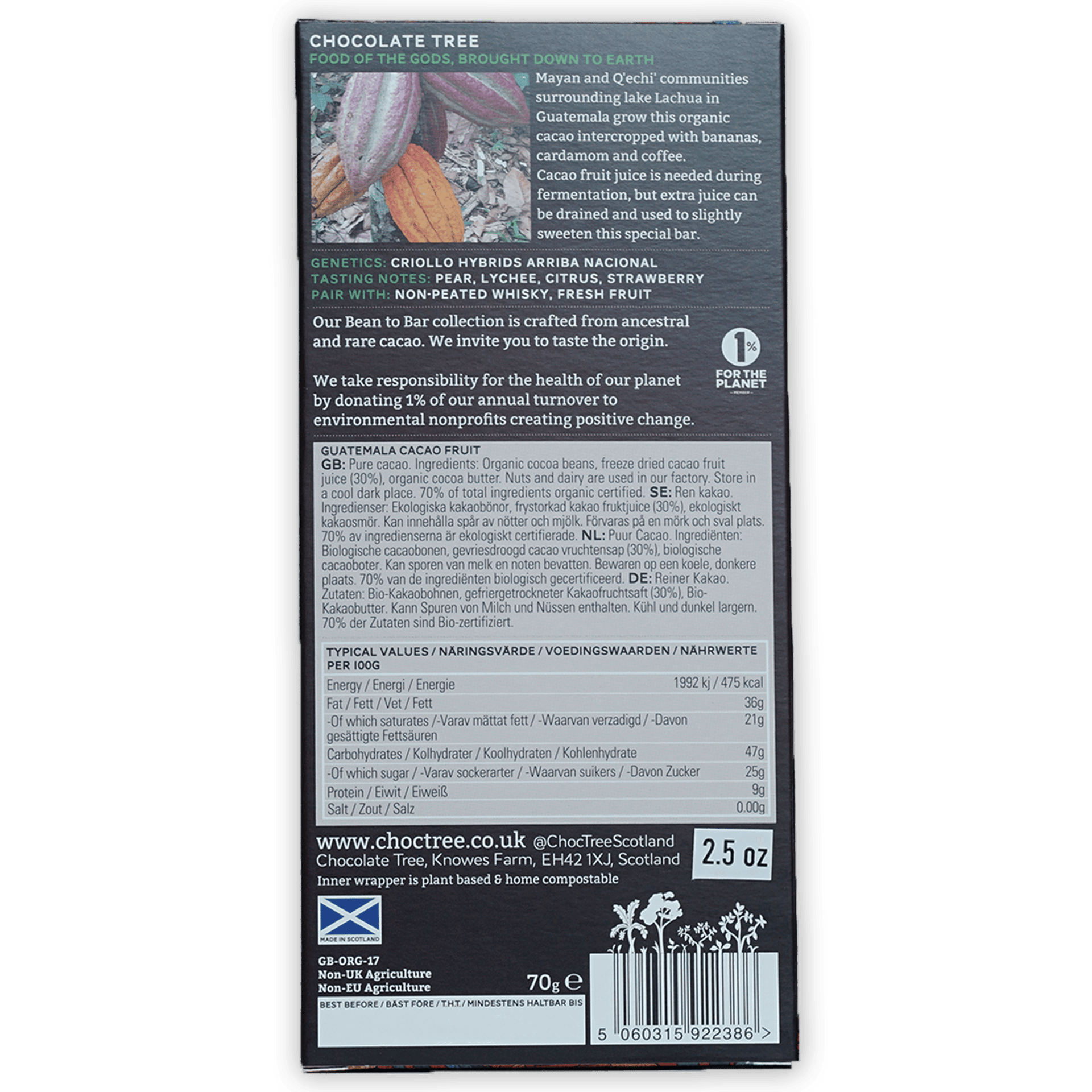 Chocolate Tree Dark with Cacao Fruit 100% bar in sleek black packaging