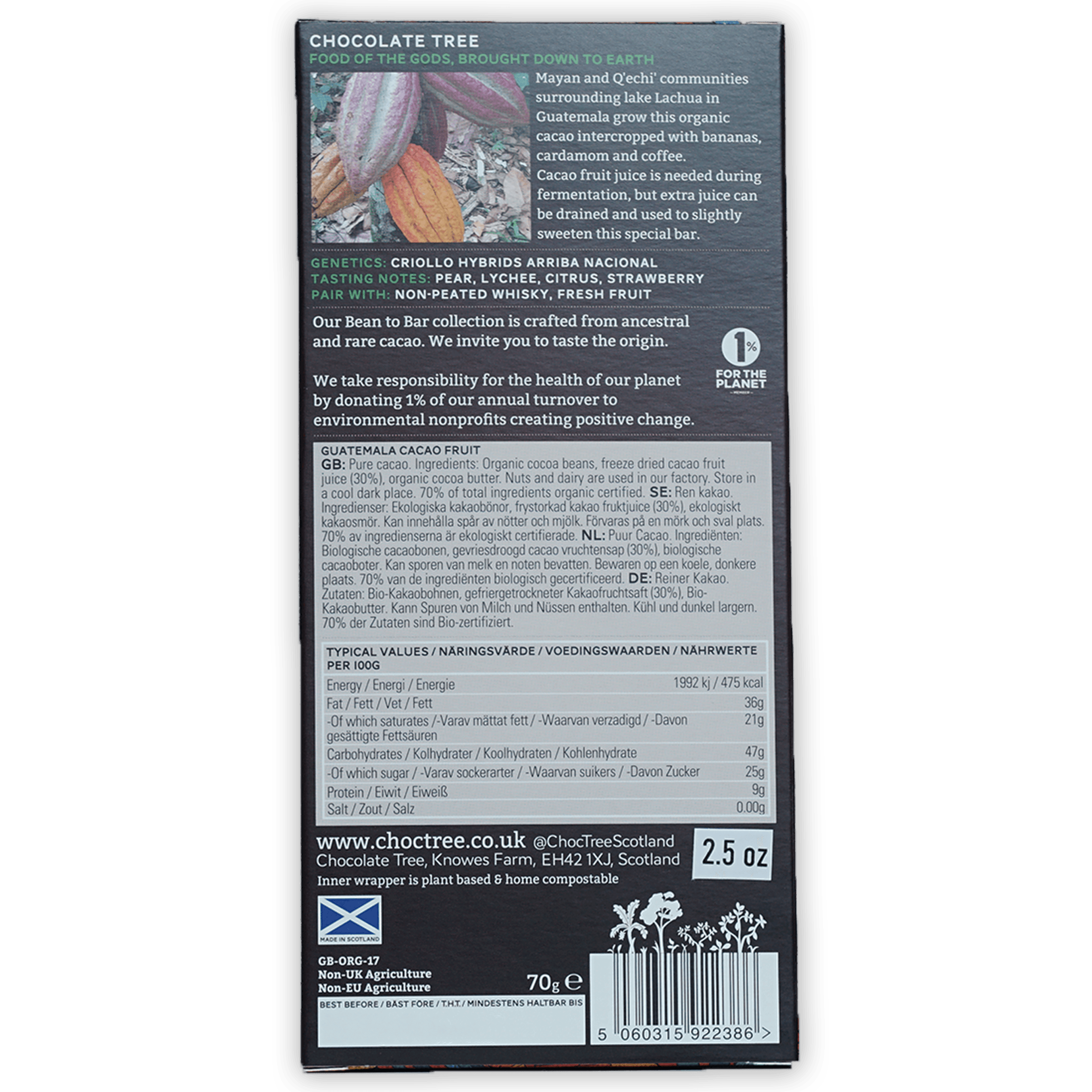 Chocolate Tree Dark with Cacao Fruit 100% bar in sleek black packaging