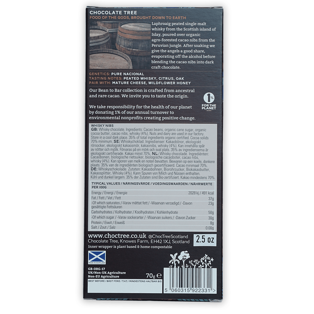 Chocolate Tree Dark Whisky Nibs 70% bar in sleek matte black box