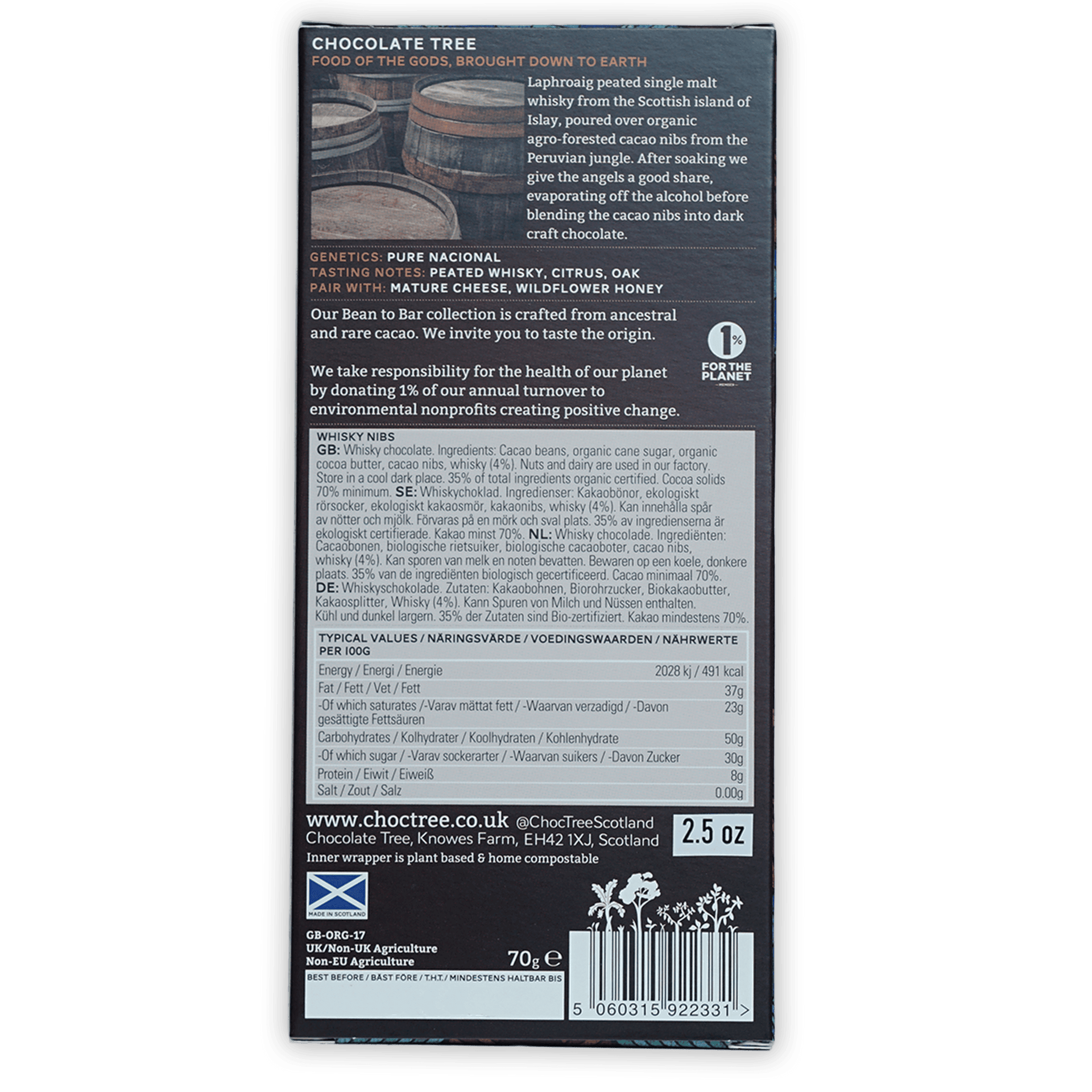 Chocolate Tree Dark Whisky Nibs 70% bar in sleek matte black box