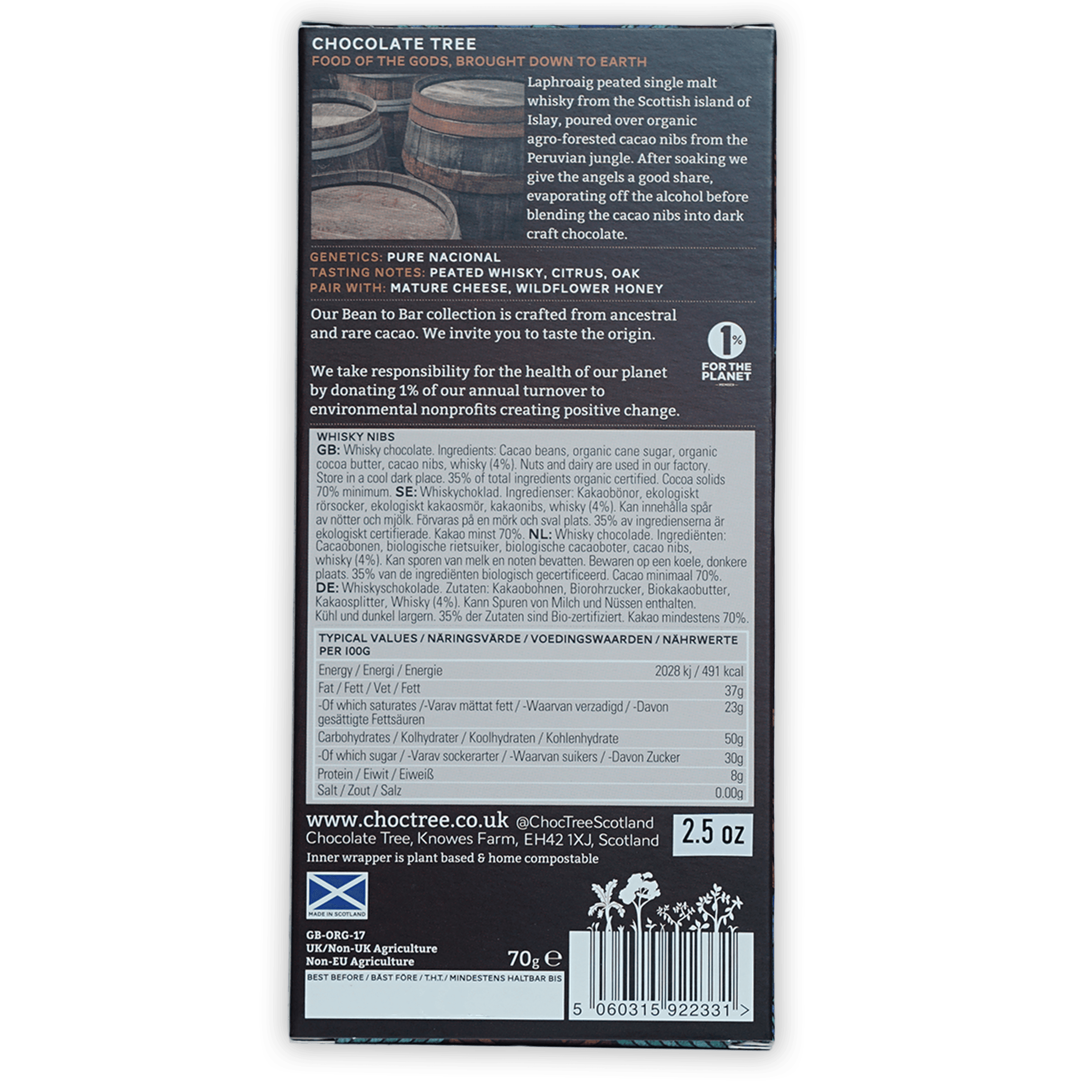 Chocolate Tree Dark Whisky Nibs 70% bar in sleek matte black box