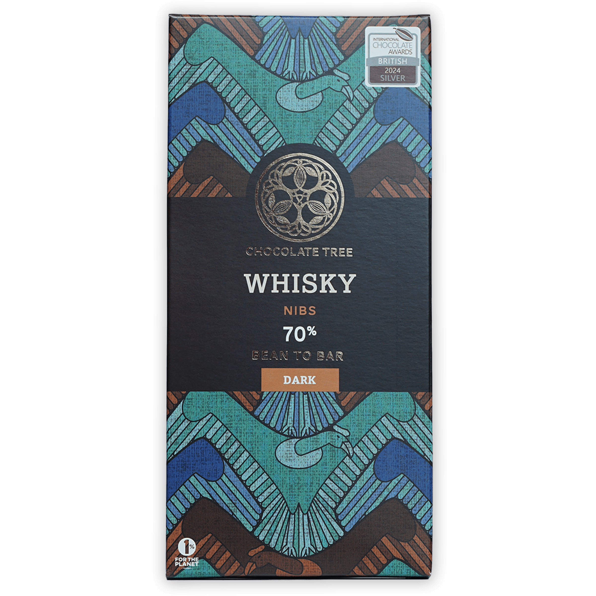 Chocolate Tree Dark Whisky Nibs 70% bar with teal geometric design