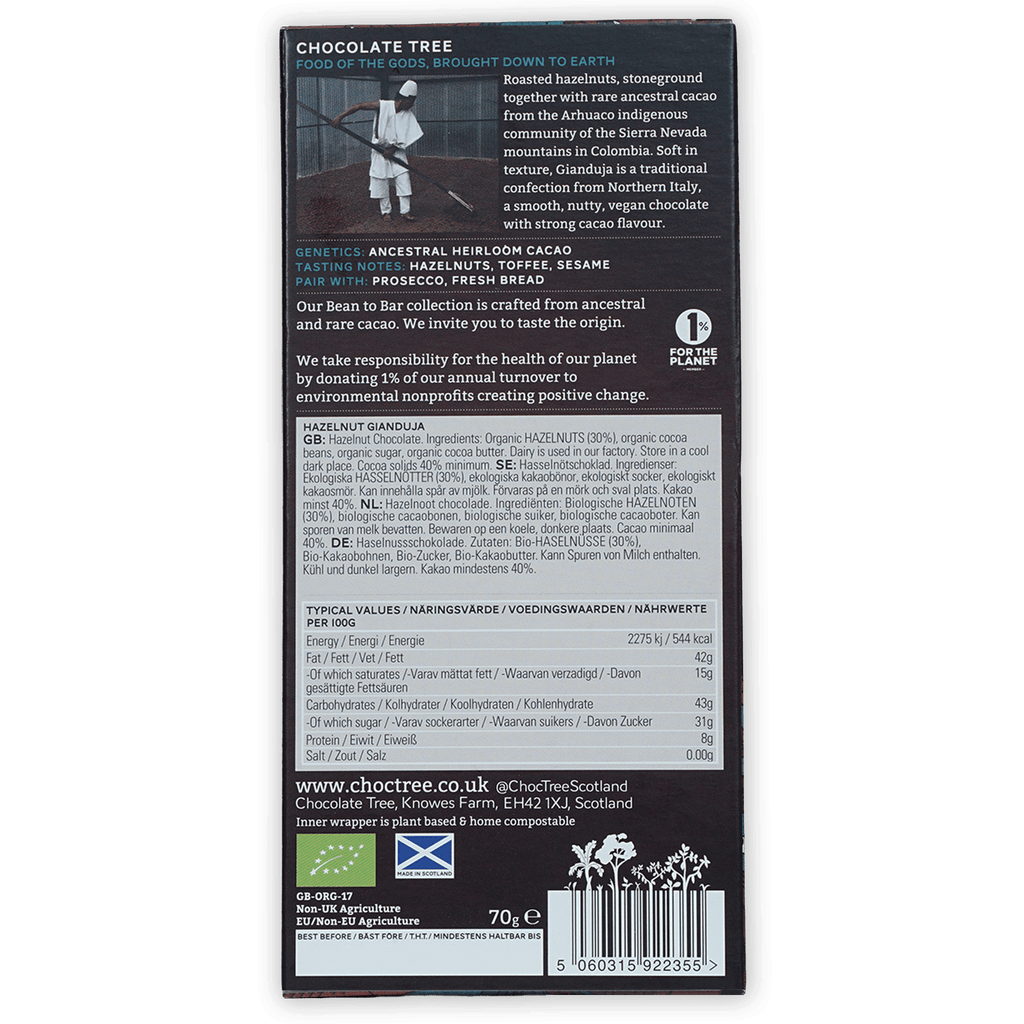 Back of Chocolate Tree Hazelnut Gianduja 40% dark chocolate bar packaging