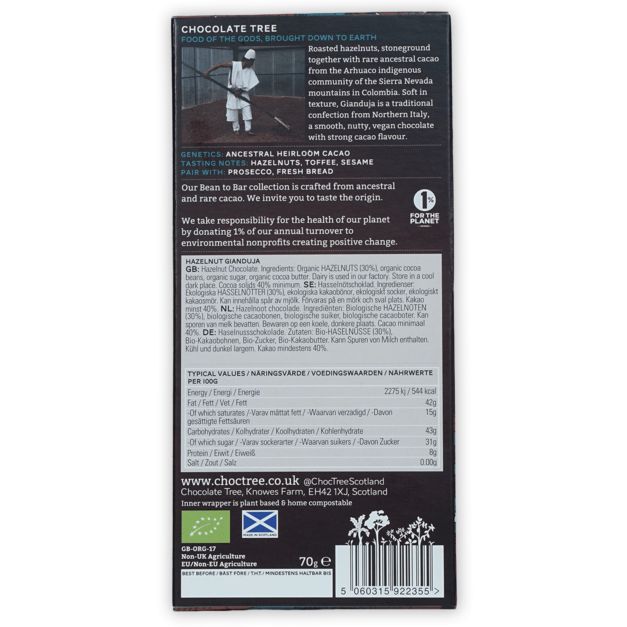 Back of Chocolate Tree Hazelnut Gianduja 40% dark chocolate bar packaging