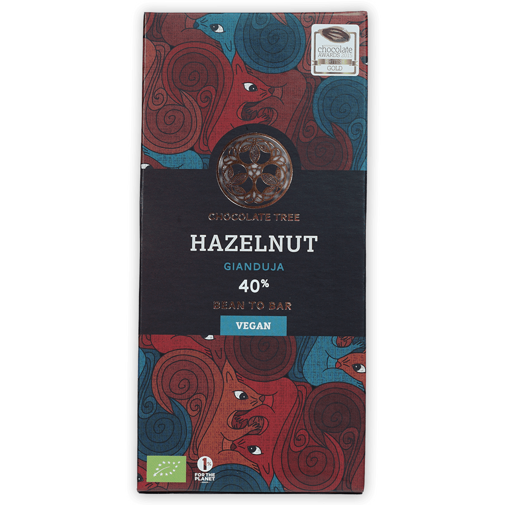 Chocolate Tree Hazelnut Gianduja 40% bean-to-bar chocolate bar with red blue animal wrapper