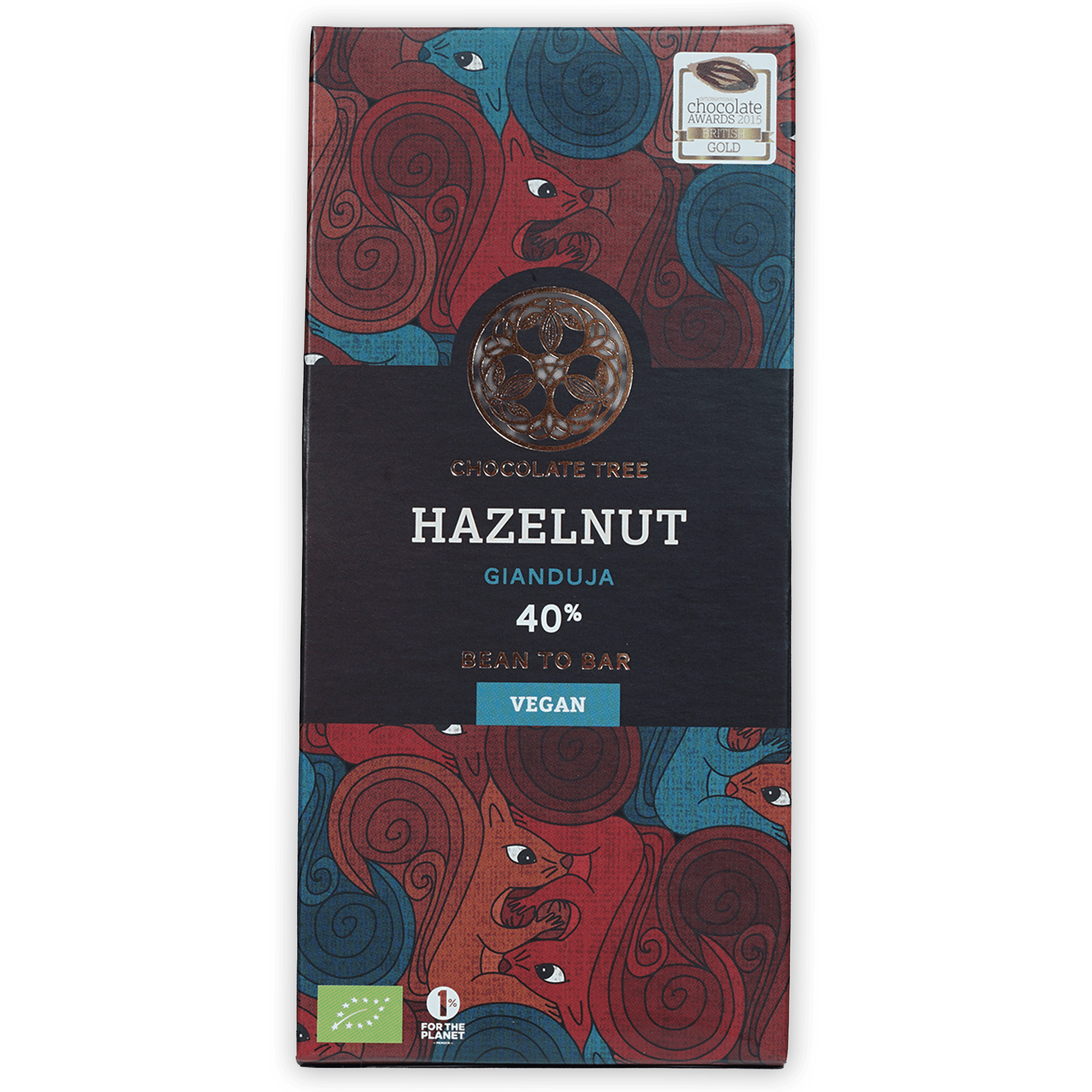 Chocolate Tree Hazelnut Gianduja 40% bean-to-bar chocolate bar with red blue animal wrapper