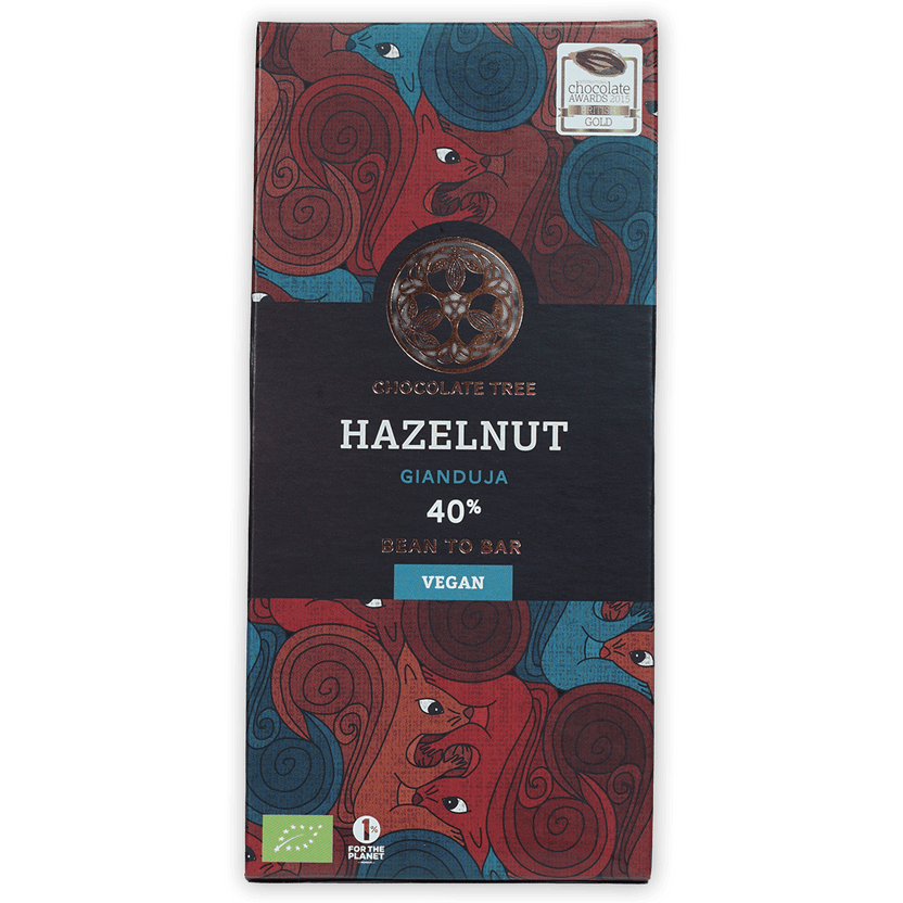Chocolate Tree Hazelnut Gianduja 40% bean-to-bar chocolate bar with red blue animal wrapper