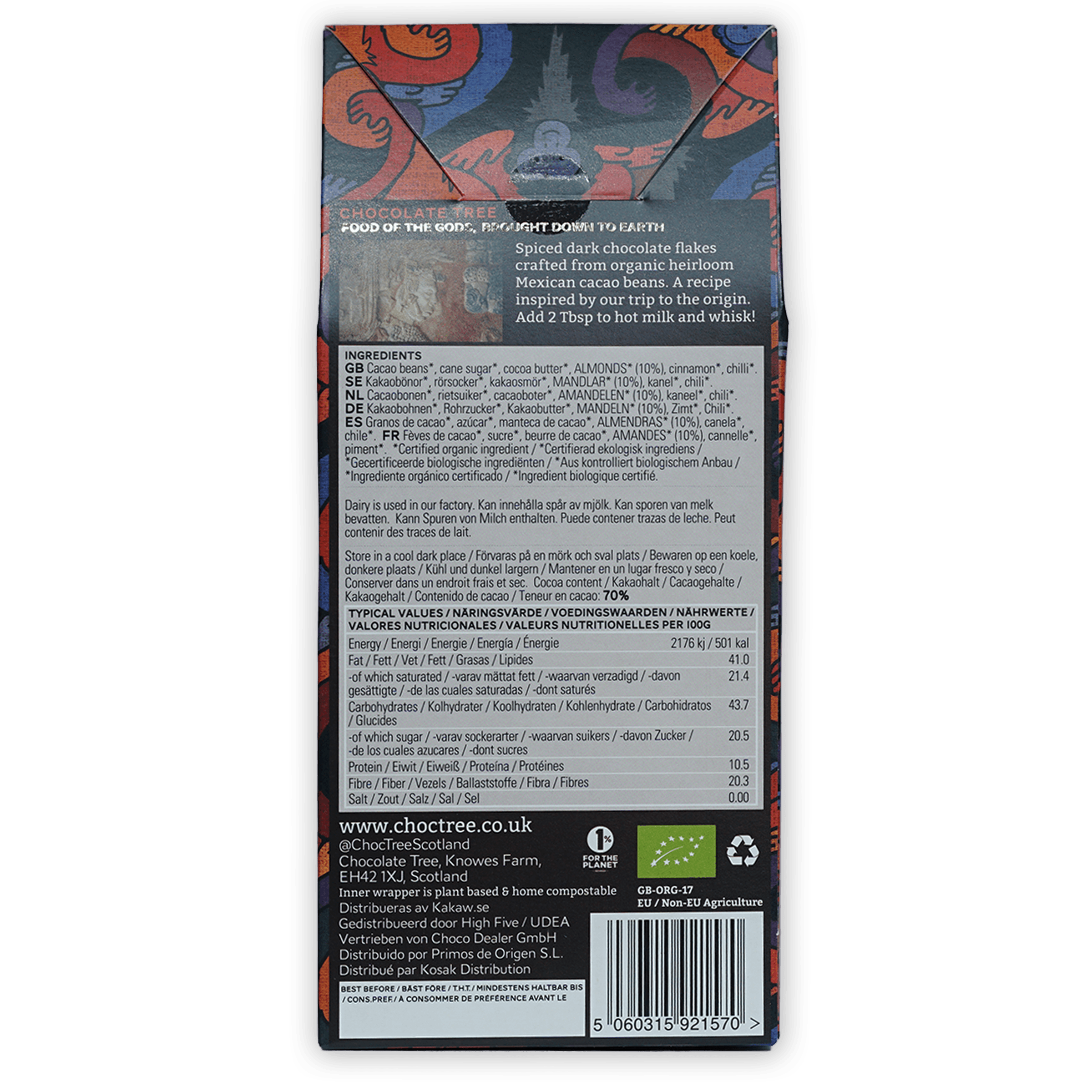 Back of Chocolate Tree Hot Chocolate Aztec Spice 70% bar box with ingredients