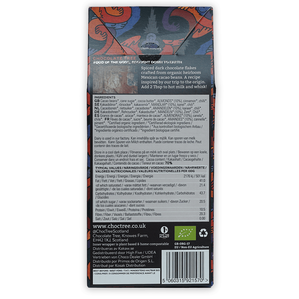 Back of Chocolate Tree Hot Chocolate Aztec Spice 70% bar box with ingredients