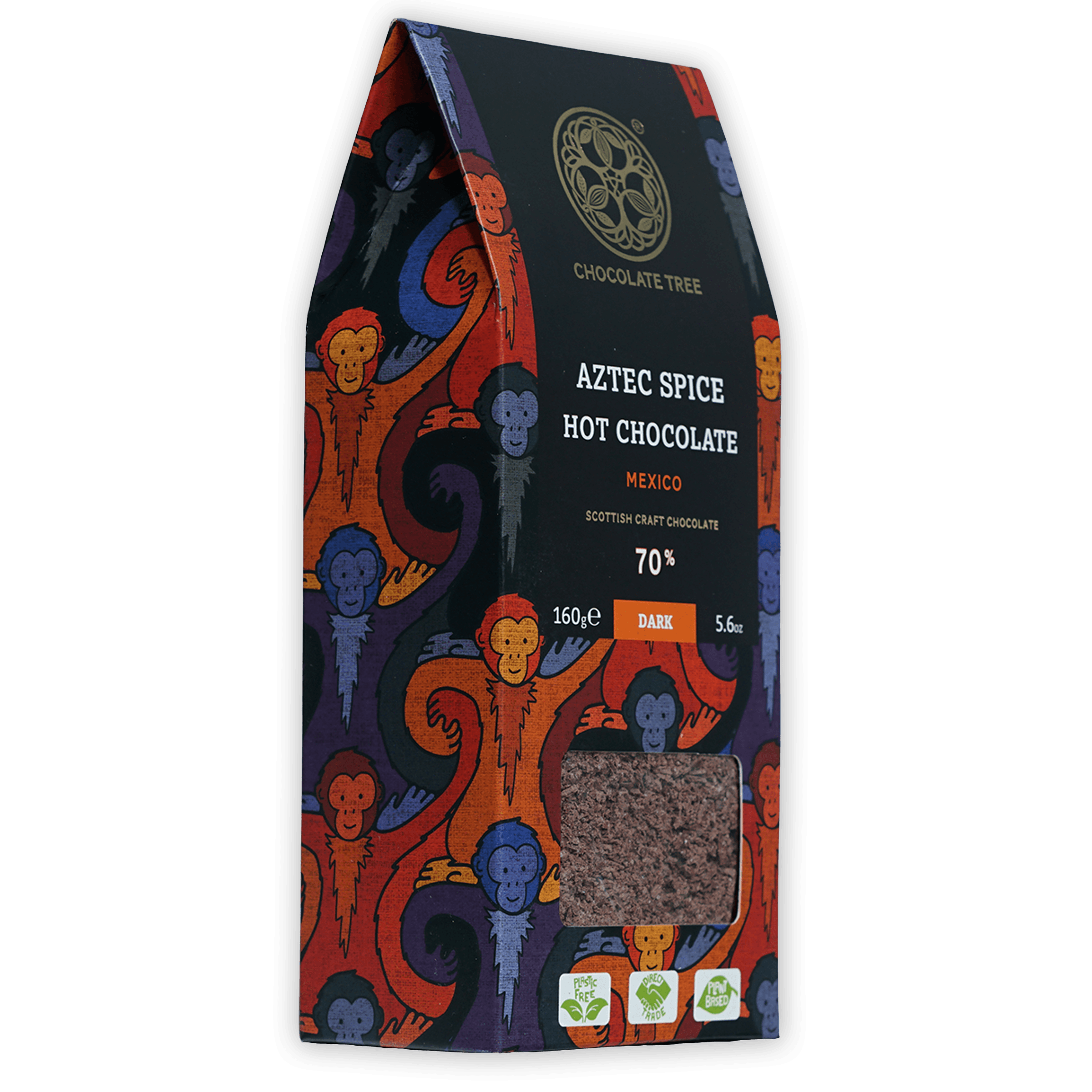 Chocolate Tree Aztec Spice 70% hot chocolate package with monkey designs