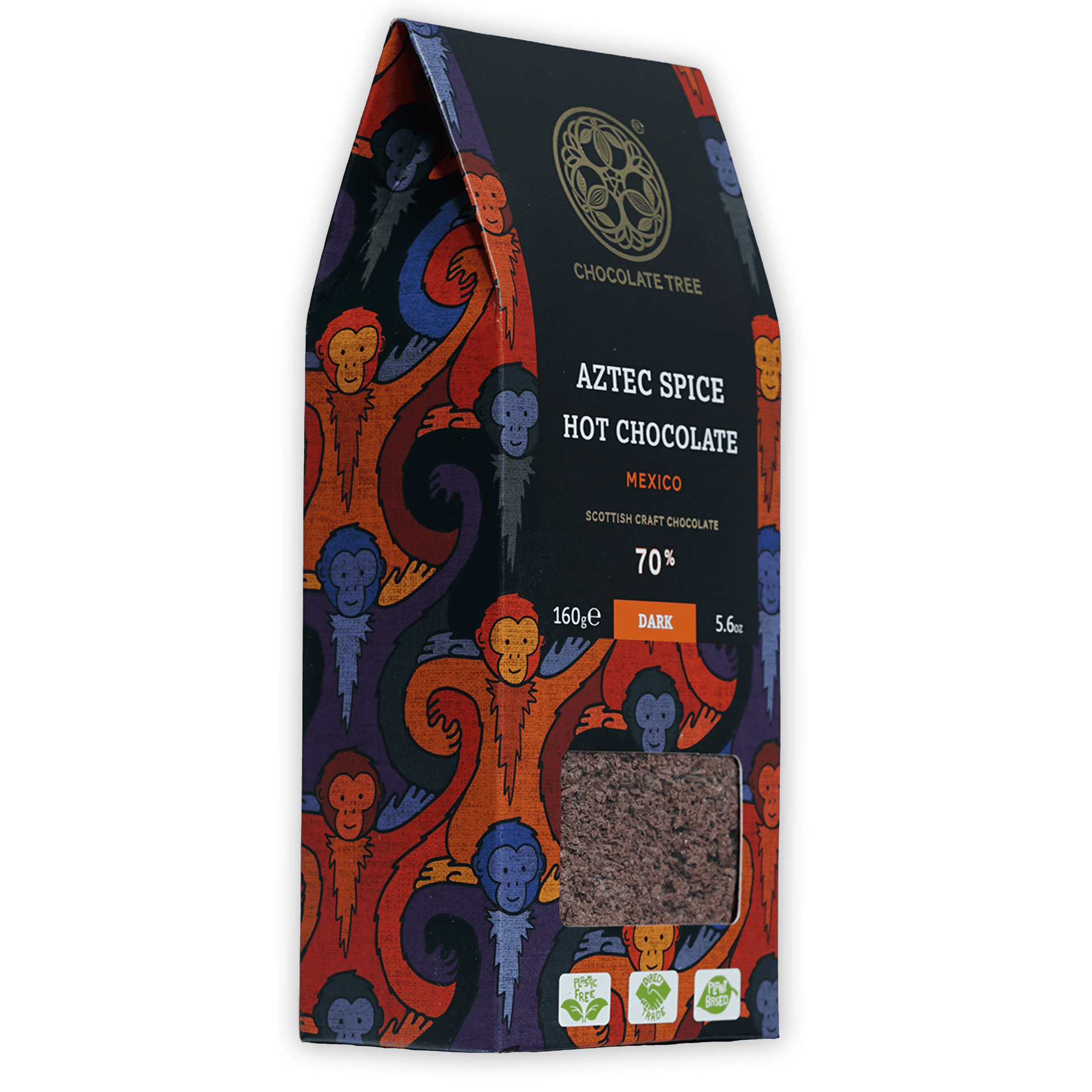 Chocolate Tree Aztec Spice 70% hot chocolate package with monkey designs