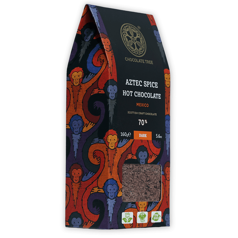 Chocolate Tree Aztec Spice 70% hot chocolate package with monkey designs