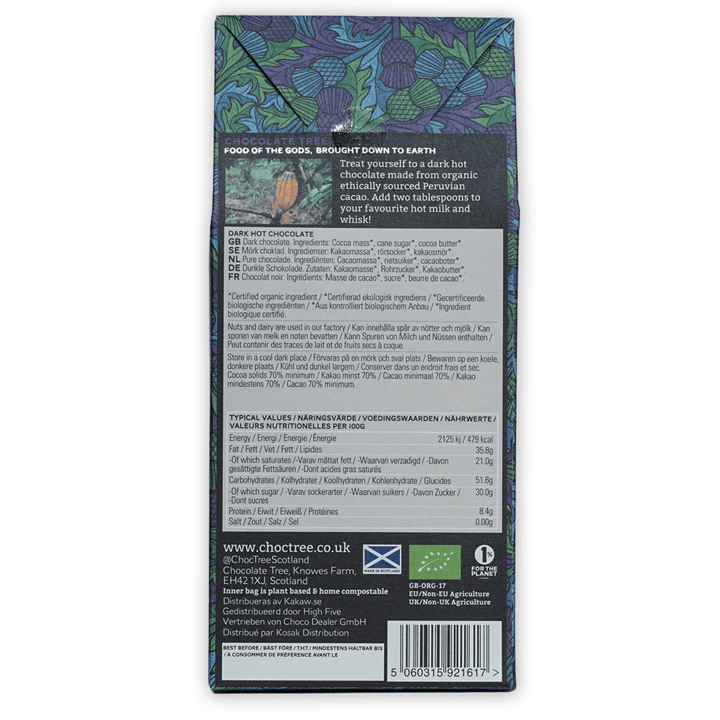 Chocolate Tree Hot Chocolate Dark 70% bar in blue green botanical packaging