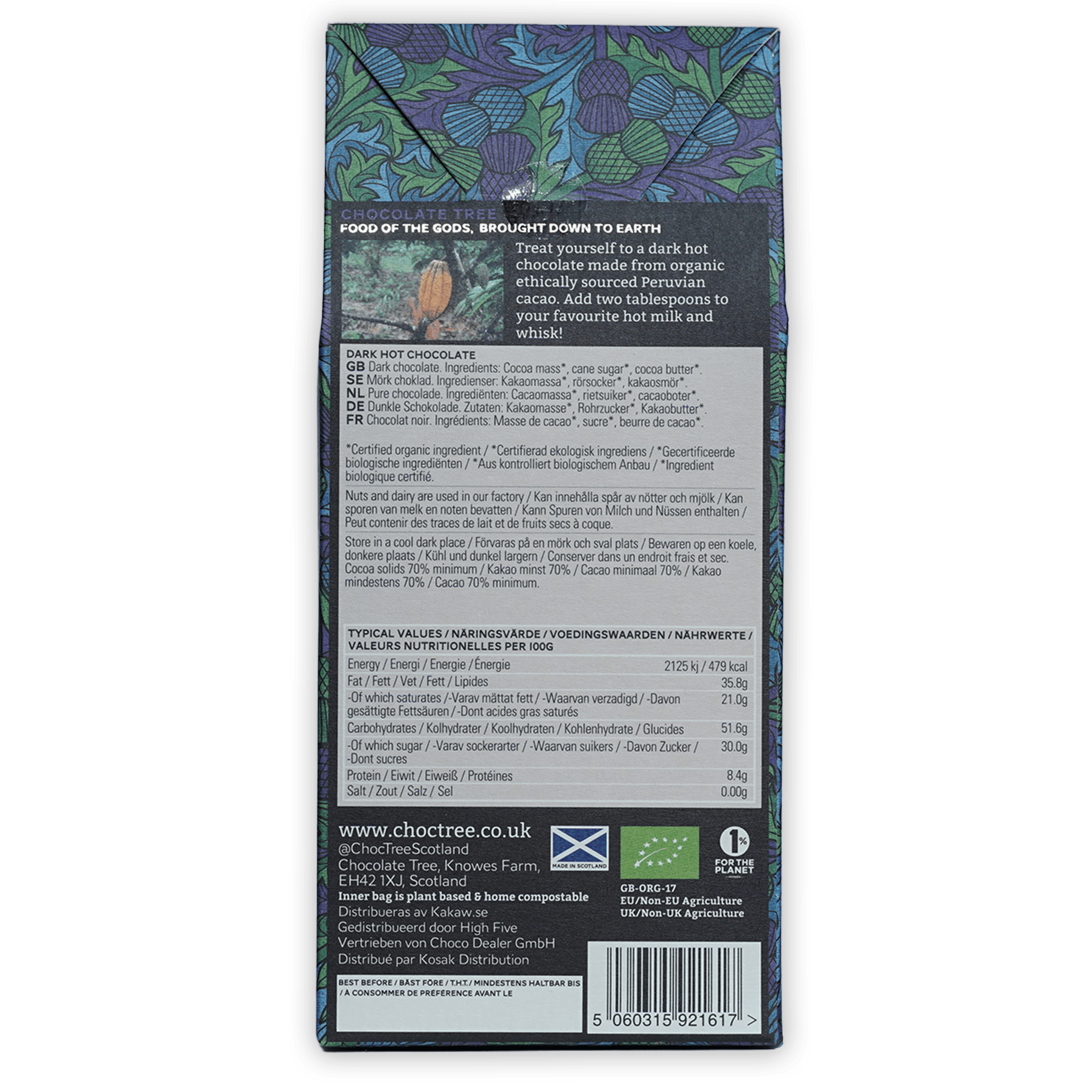 Chocolate Tree Hot Chocolate Dark 70% bar in blue green botanical packaging