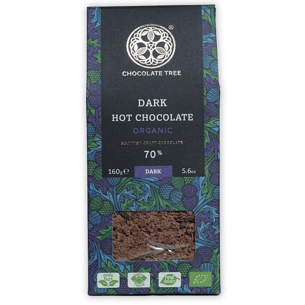 Chocolate Tree Hot Chocolate Dark 70% bar in vibrant purple green botanical wrapper