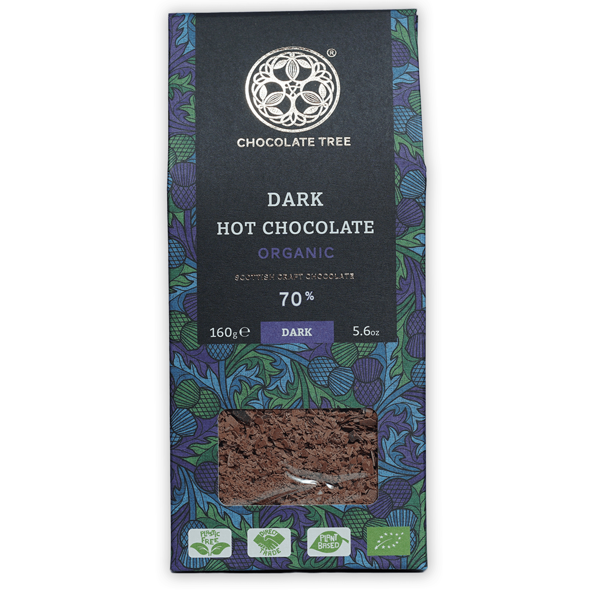 Chocolate Tree Hot Chocolate Dark 70% bar in vibrant purple green botanical wrapper