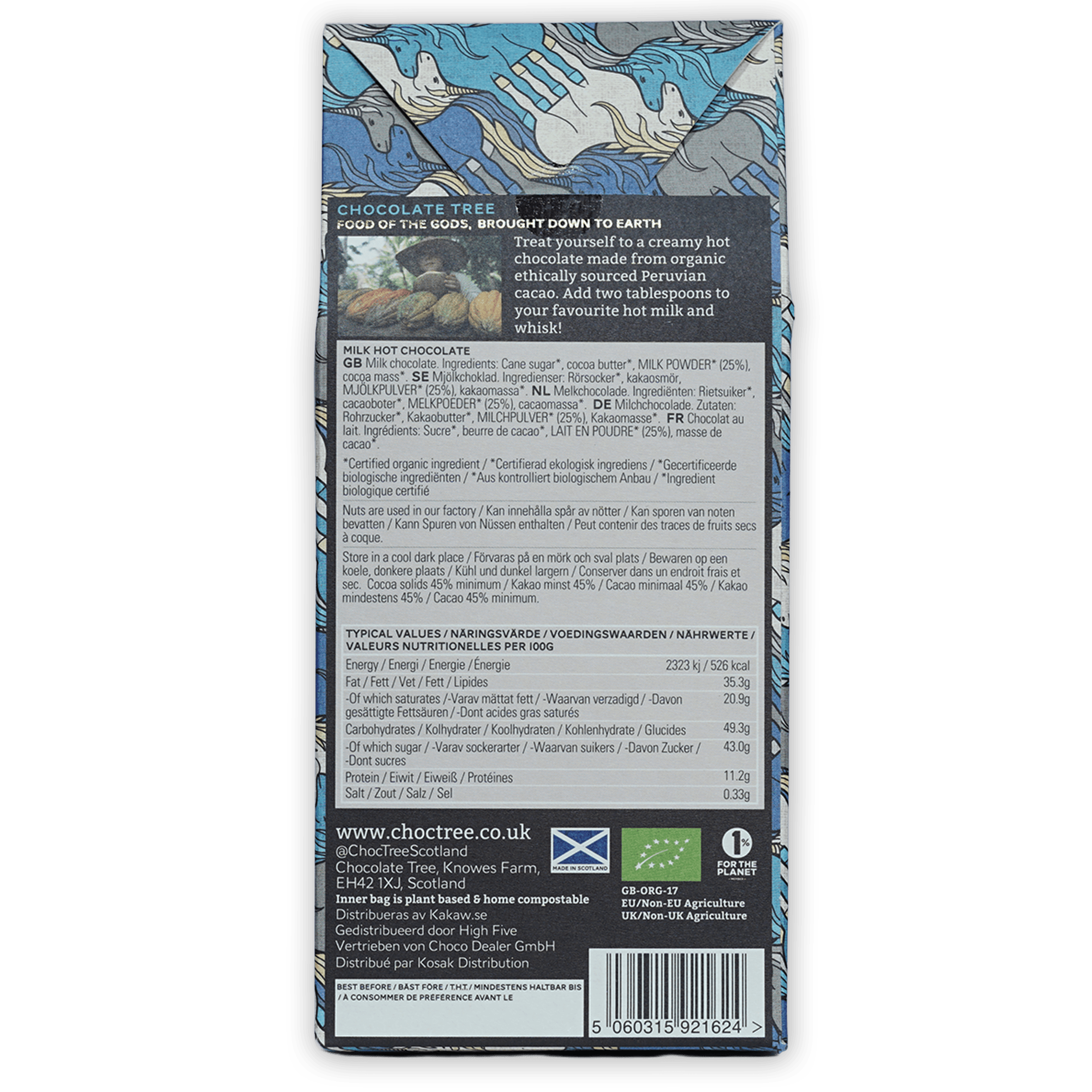 Chocolate Tree Milk Hot Chocolate Bar in blue white wrapper 45%