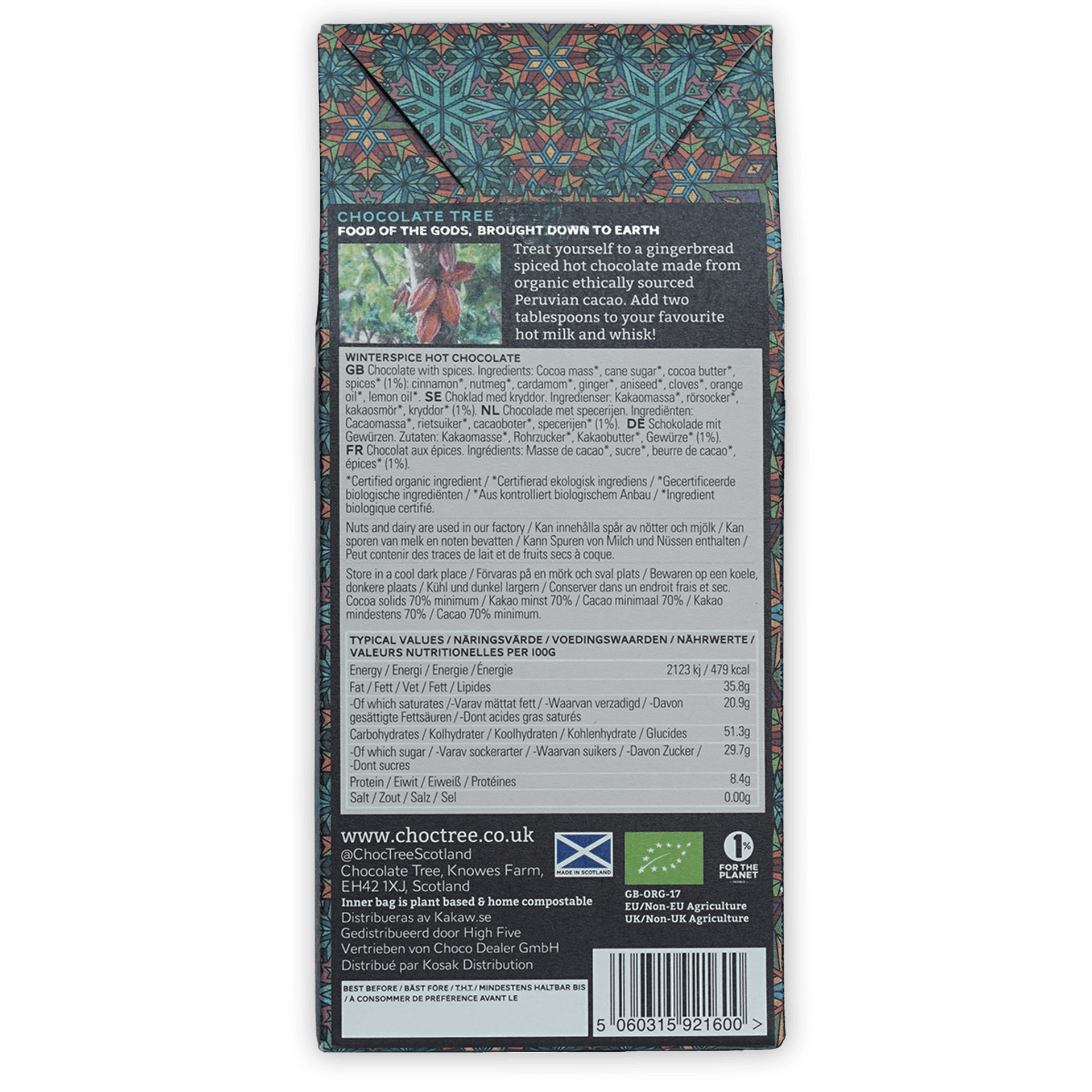 Back of Chocolate Tree Hot Chocolate Winterspice wrapper with colorful geometric patterns, ingredients and nutrition facts