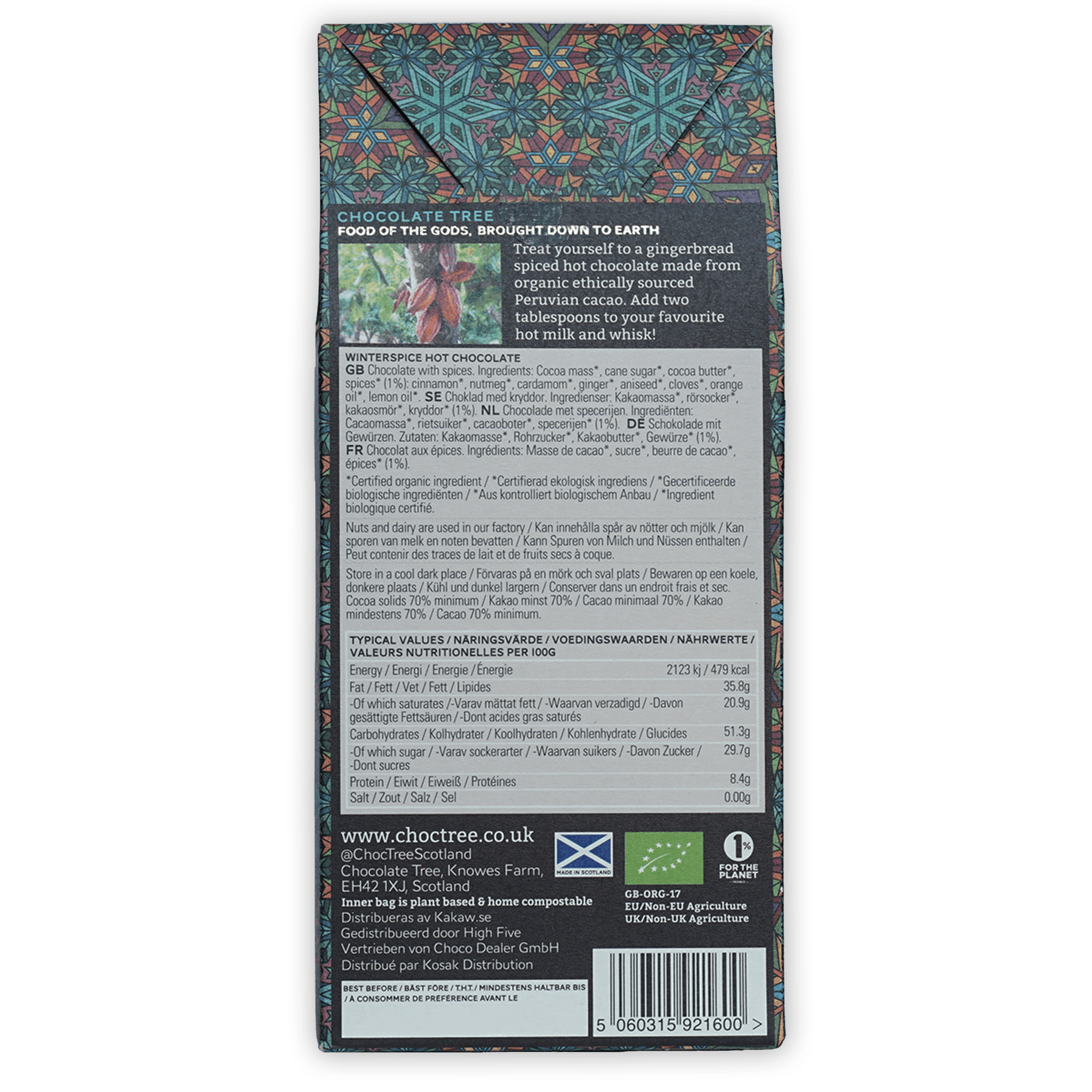 Back of Chocolate Tree Hot Chocolate Winterspice wrapper with colorful geometric patterns, ingredients and nutrition facts