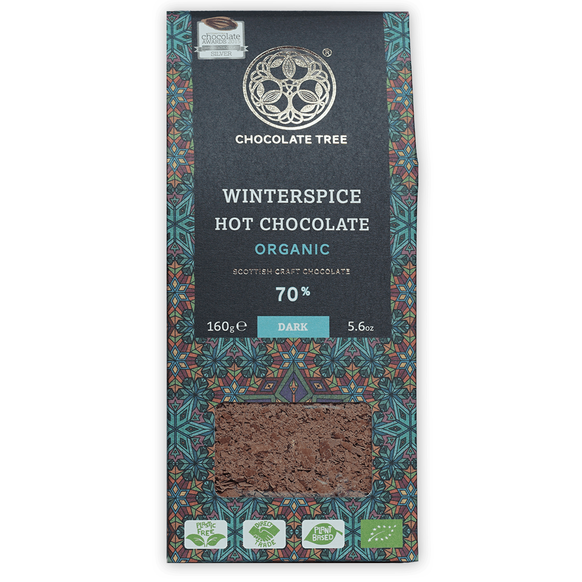 Chocolate Tree Winterspice organic 70% dark hot chocolate bar in teal green package