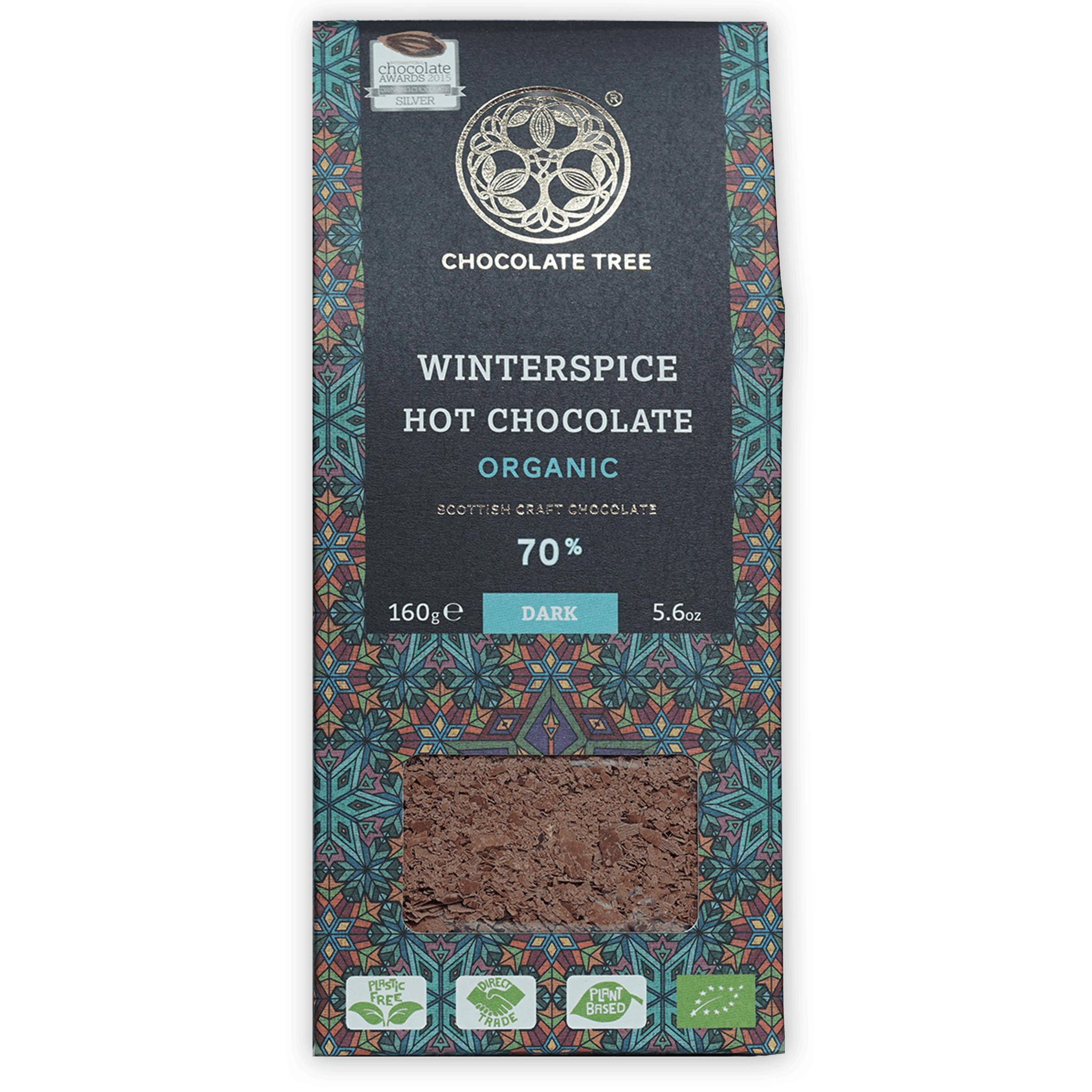 Chocolate Tree Winterspice organic 70% dark hot chocolate bar in teal green package
