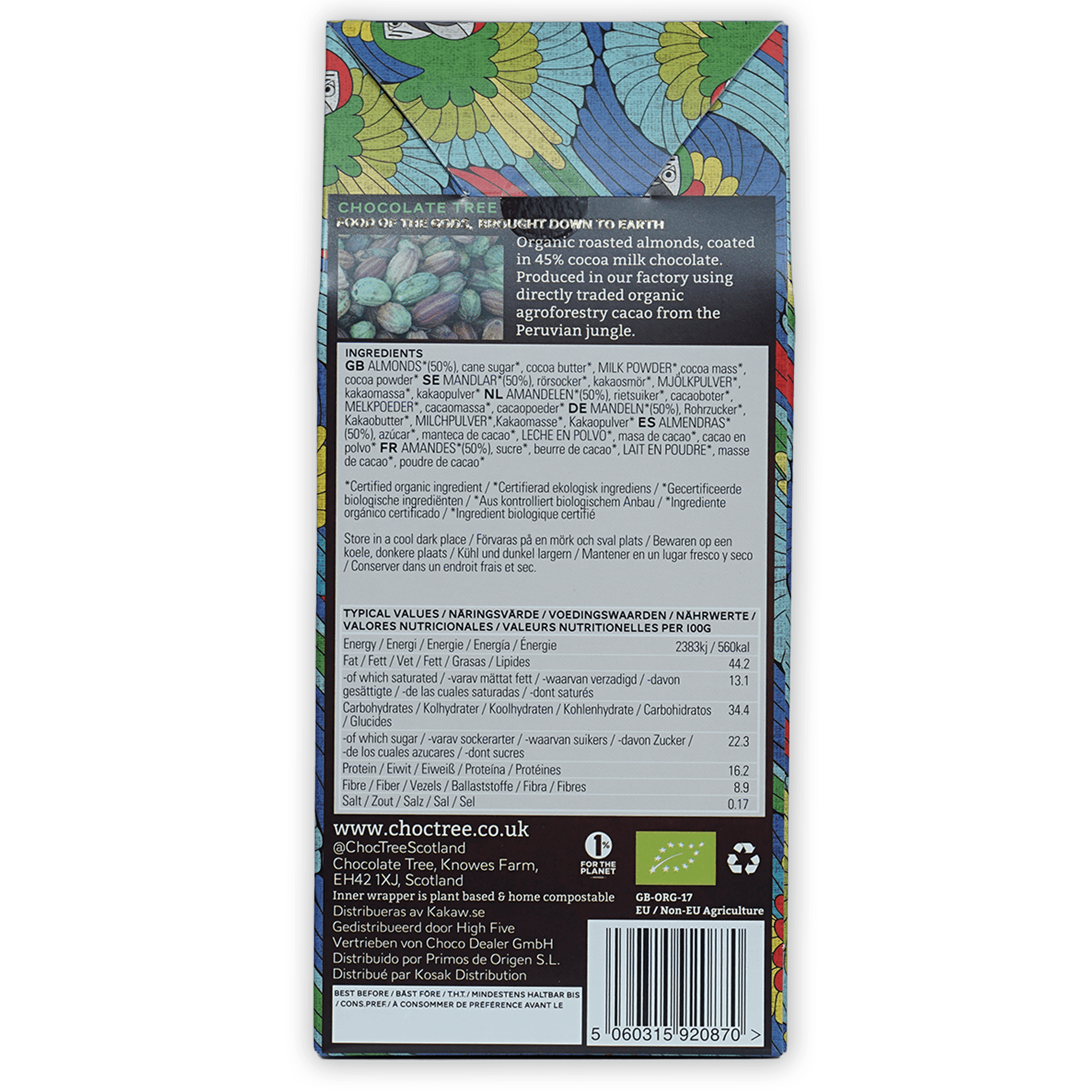 Chocolate Tree Milk Chocolate Covered Almonds with green blue nature wrapper
