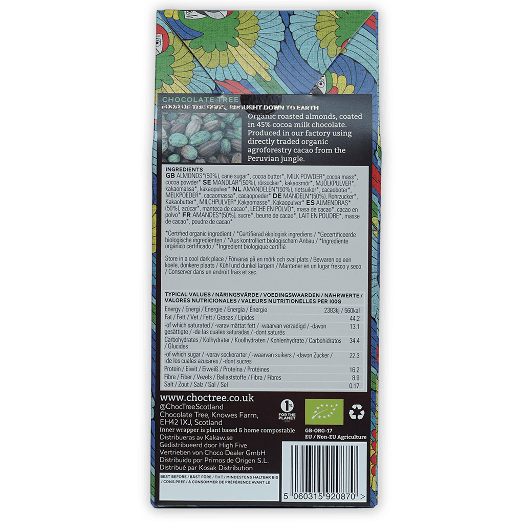 Chocolate Tree Milk Chocolate Covered Almonds with green blue nature wrapper