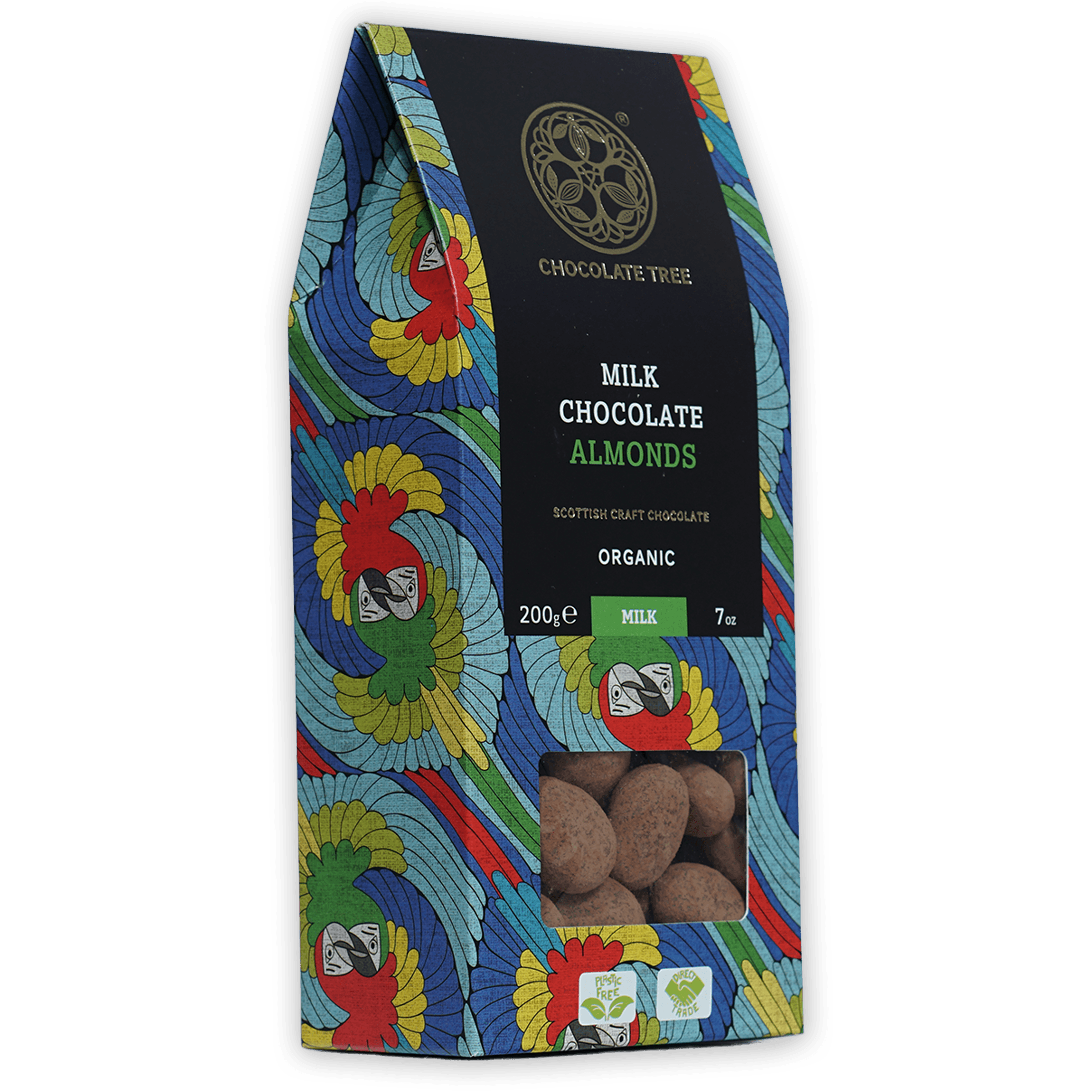 Chocolate Tree organic milk chocolate almonds with parrot design