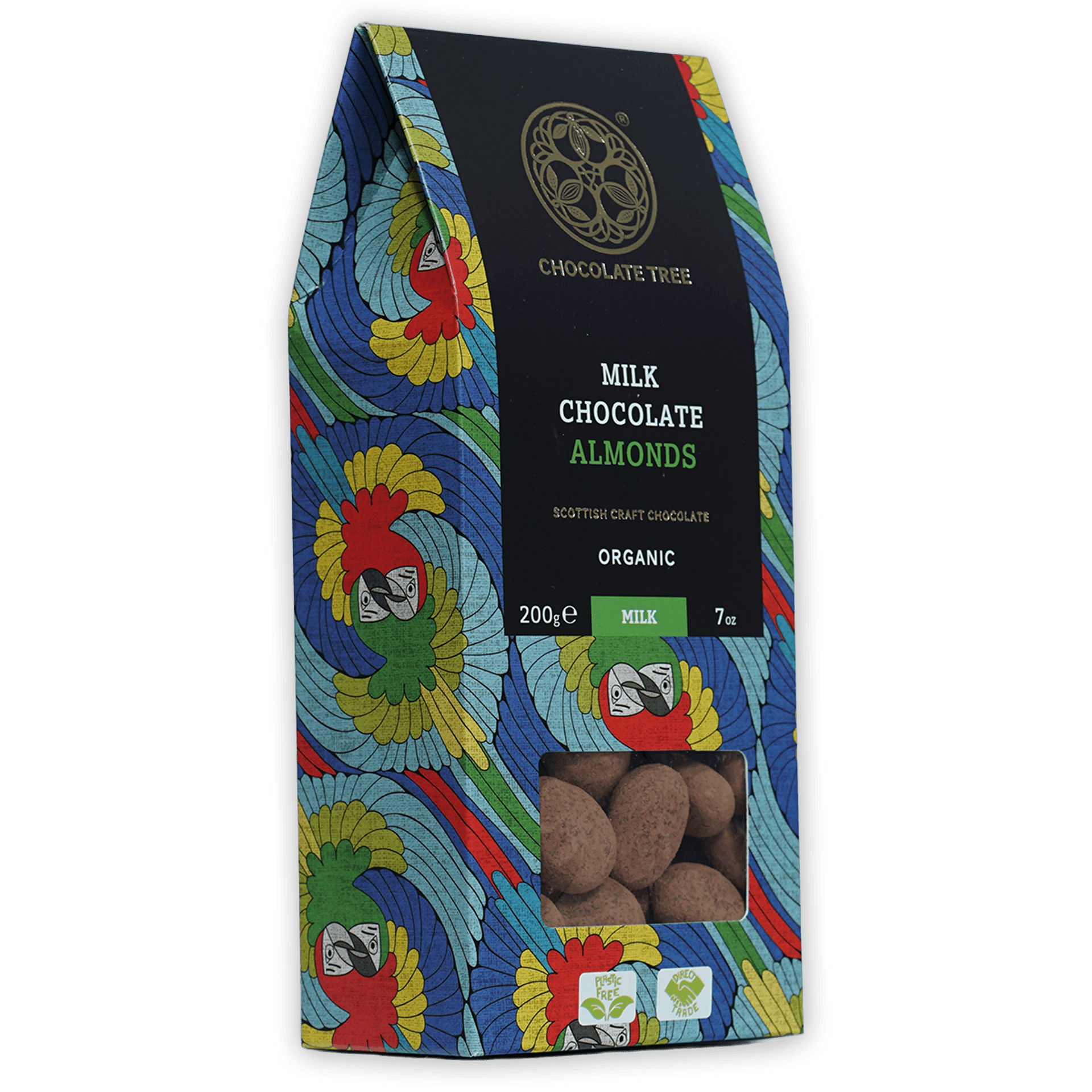 Chocolate Tree organic milk chocolate almonds with parrot design