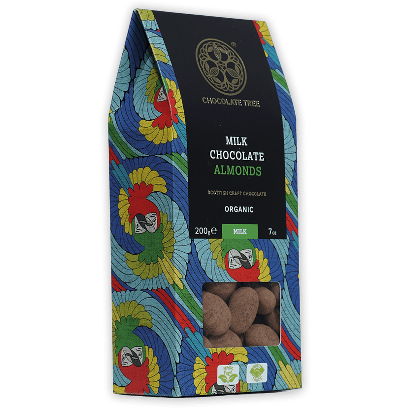Chocolate Tree organic milk chocolate almonds with parrot design