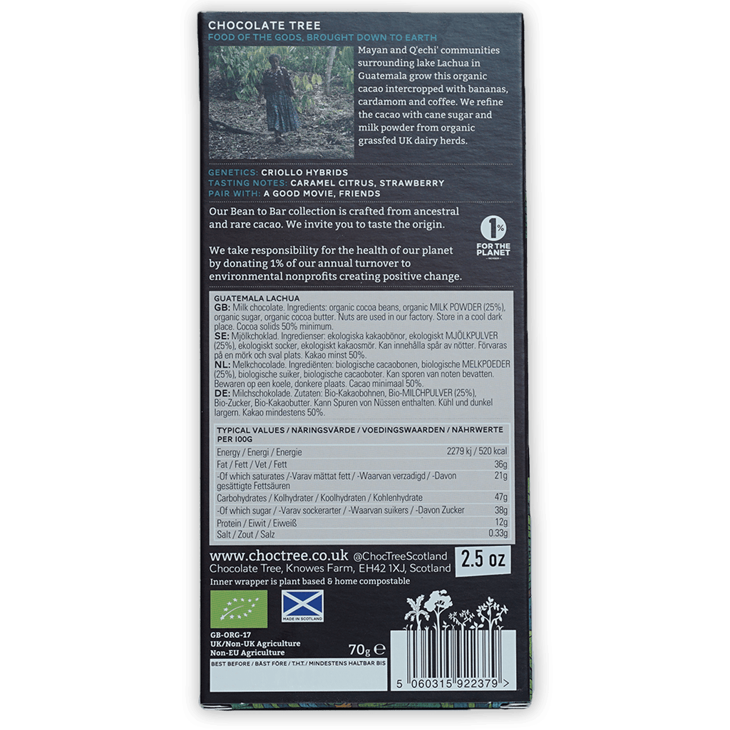 Back of Chocolate Tree Milk Guatemala 50% dark chocolate bar with matte finish, white and light green text