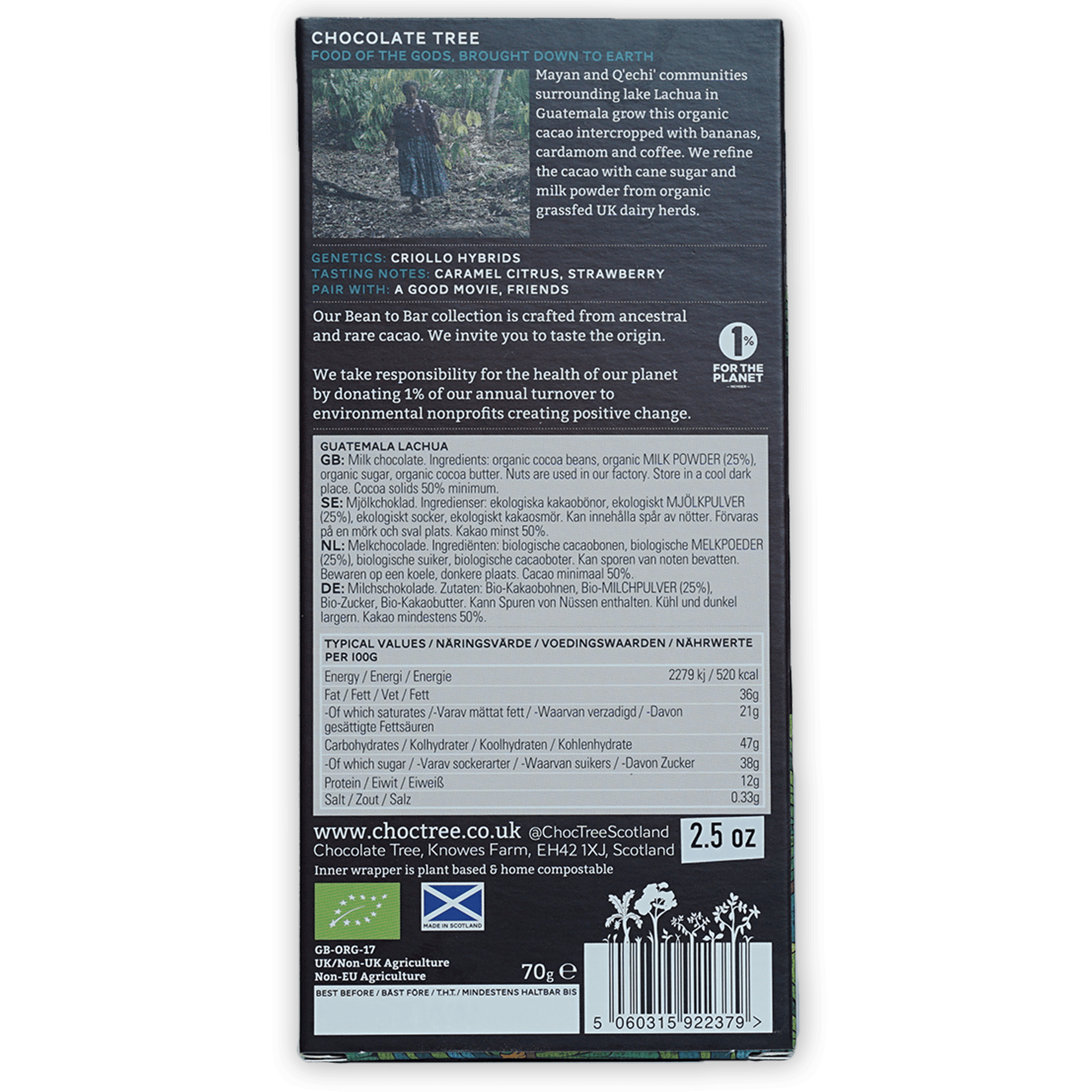 Back of Chocolate Tree Milk Guatemala 50% dark chocolate bar with matte finish, white and light green text