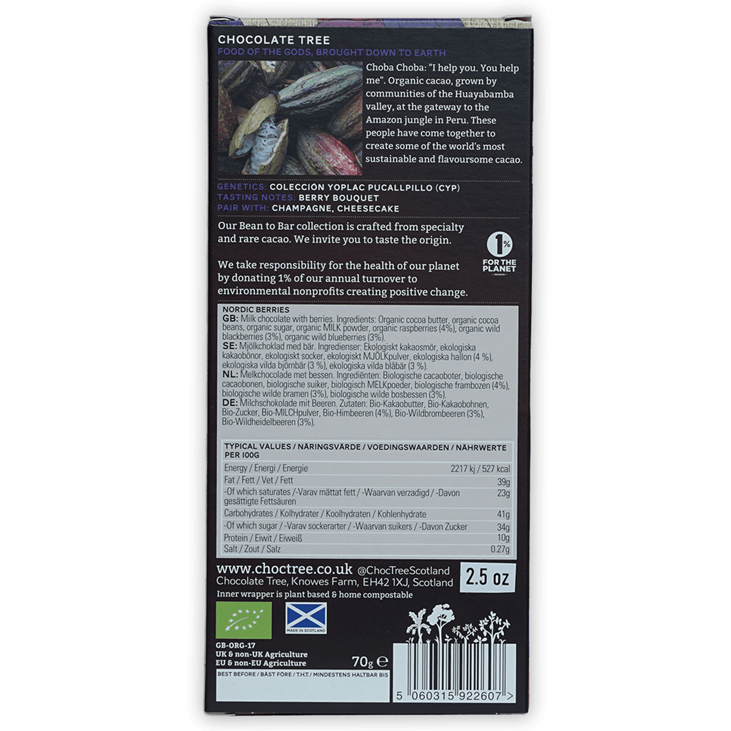Chocolate Tree Milk w/ Nordic Berries 50% dark chocolate bar packaging