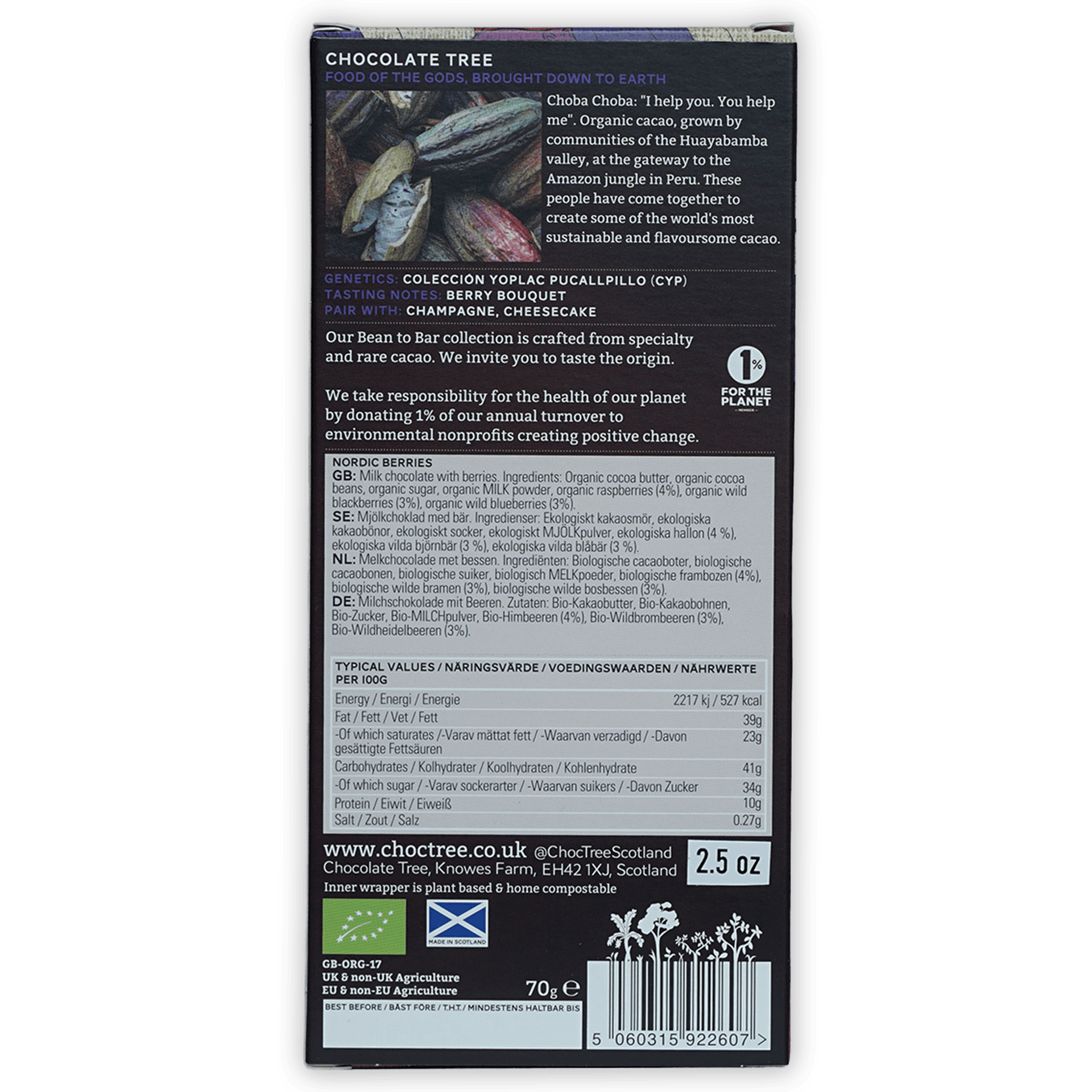 Chocolate Tree Milk w/ Nordic Berries 50% dark chocolate bar packaging