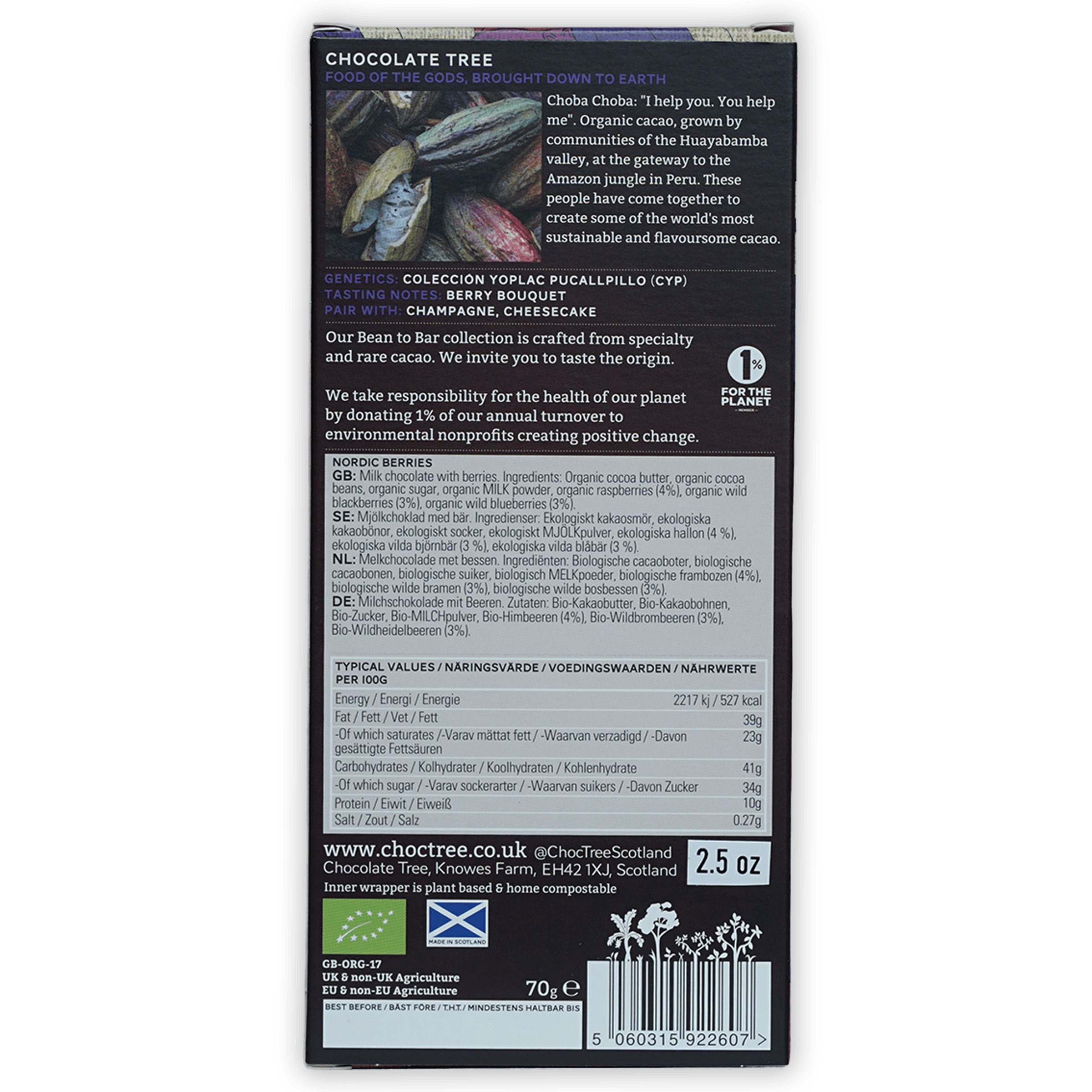 Chocolate Tree Milk w/ Nordic Berries 50% dark chocolate bar packaging
