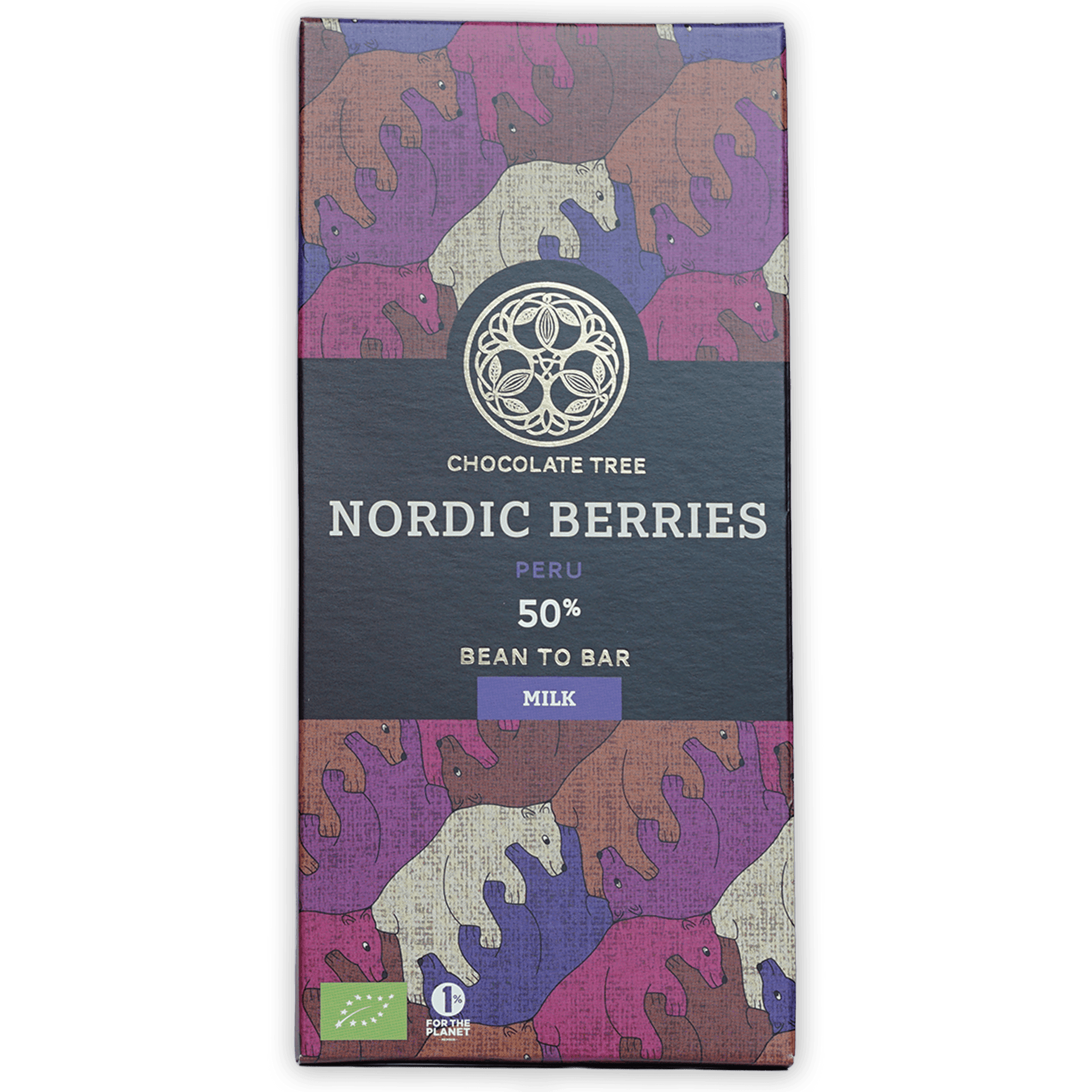 Chocolate Tree Milk w/ Nordic Berries 50% bar in bear-patterned wrapper
