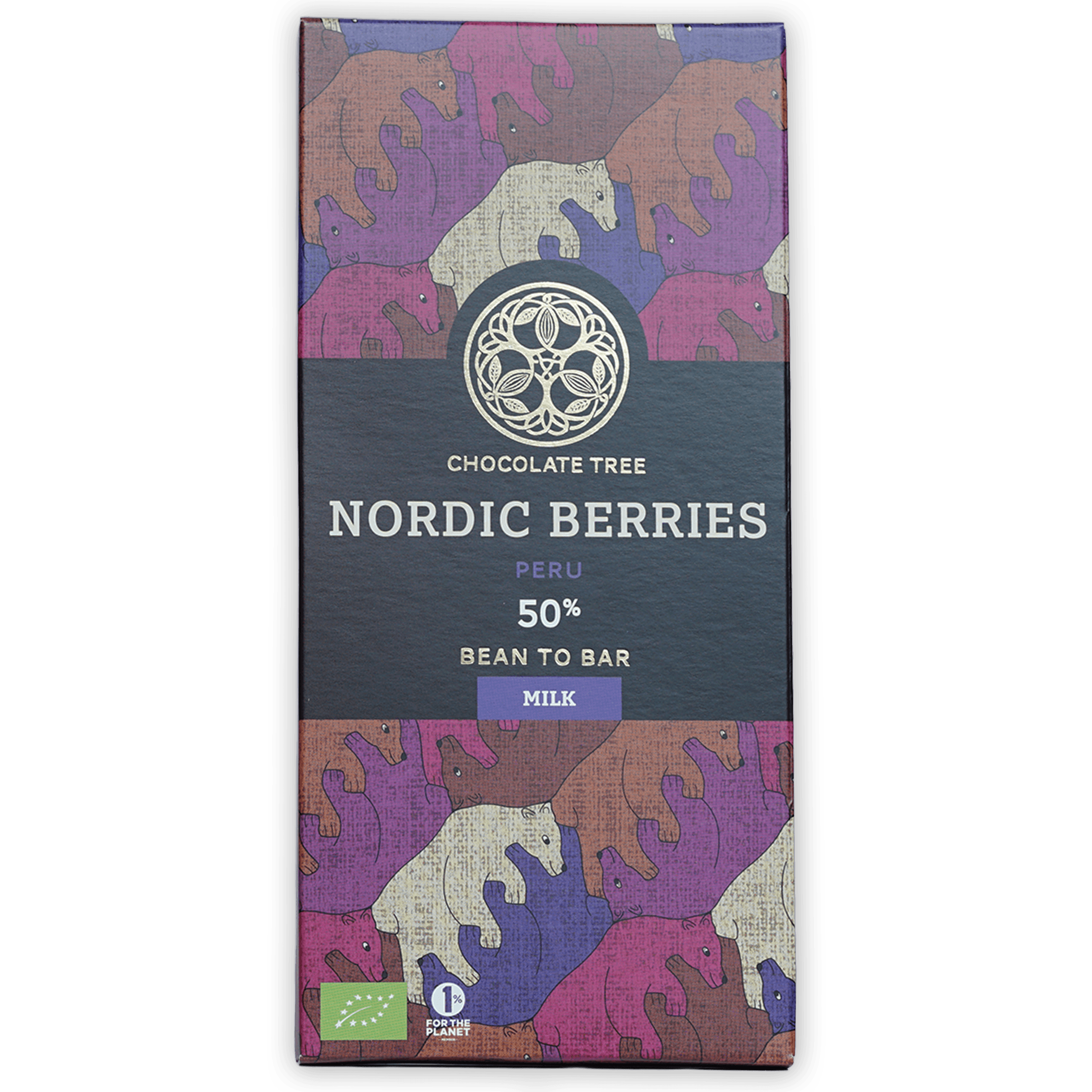 Chocolate Tree Milk w/ Nordic Berries 50% bar in bear-patterned wrapper