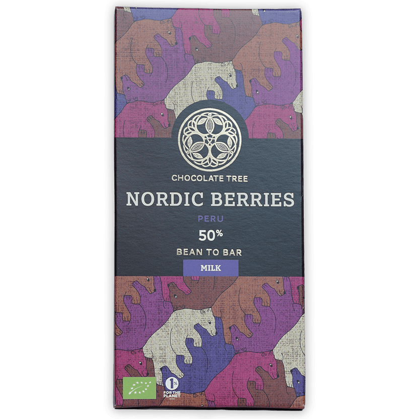 Chocolate Tree Milk w/ Nordic Berries 50% bar in bear-patterned wrapper